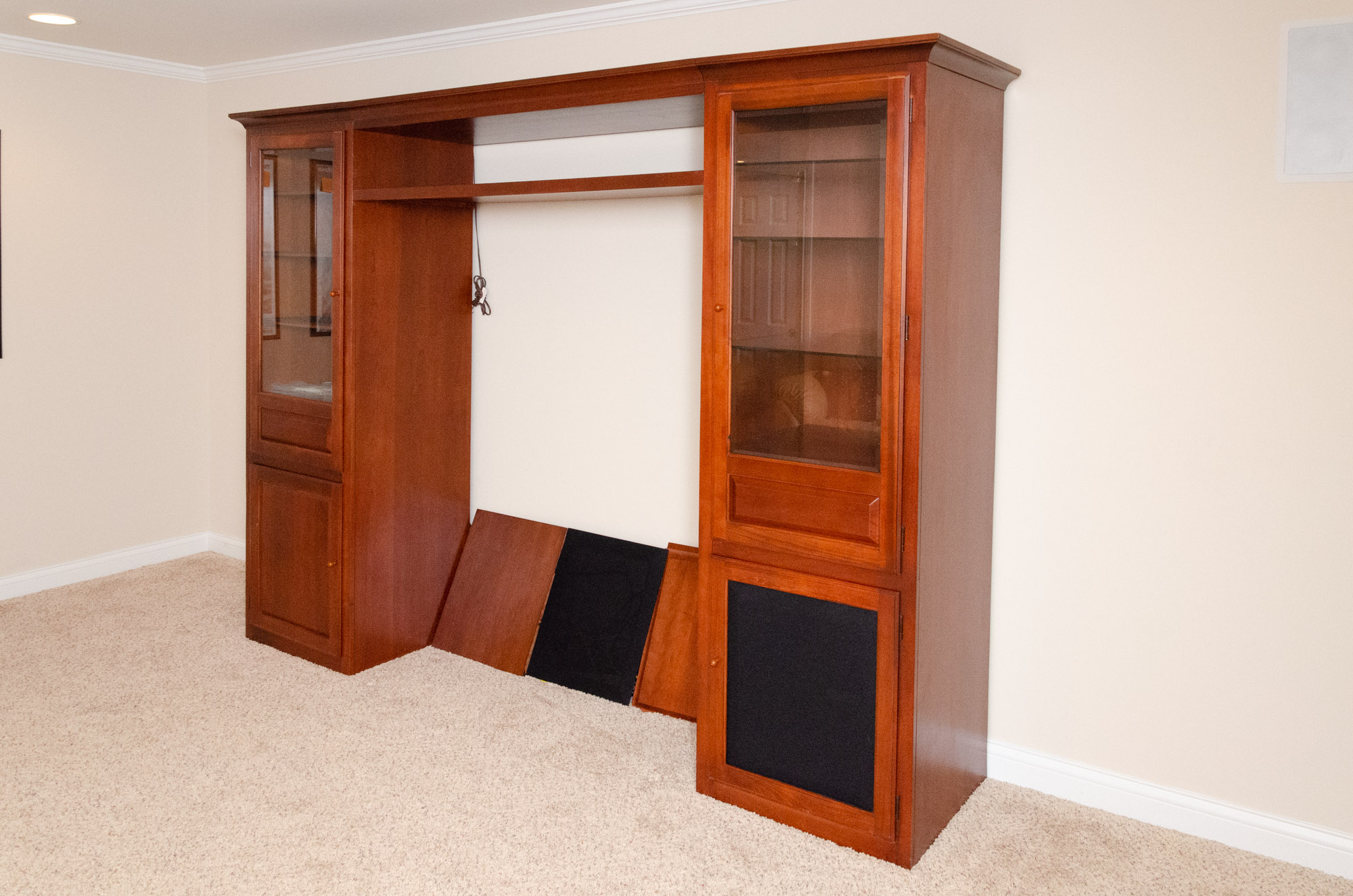 Transitional Style Cherry-Finish Entertainment Center with Glass Doors