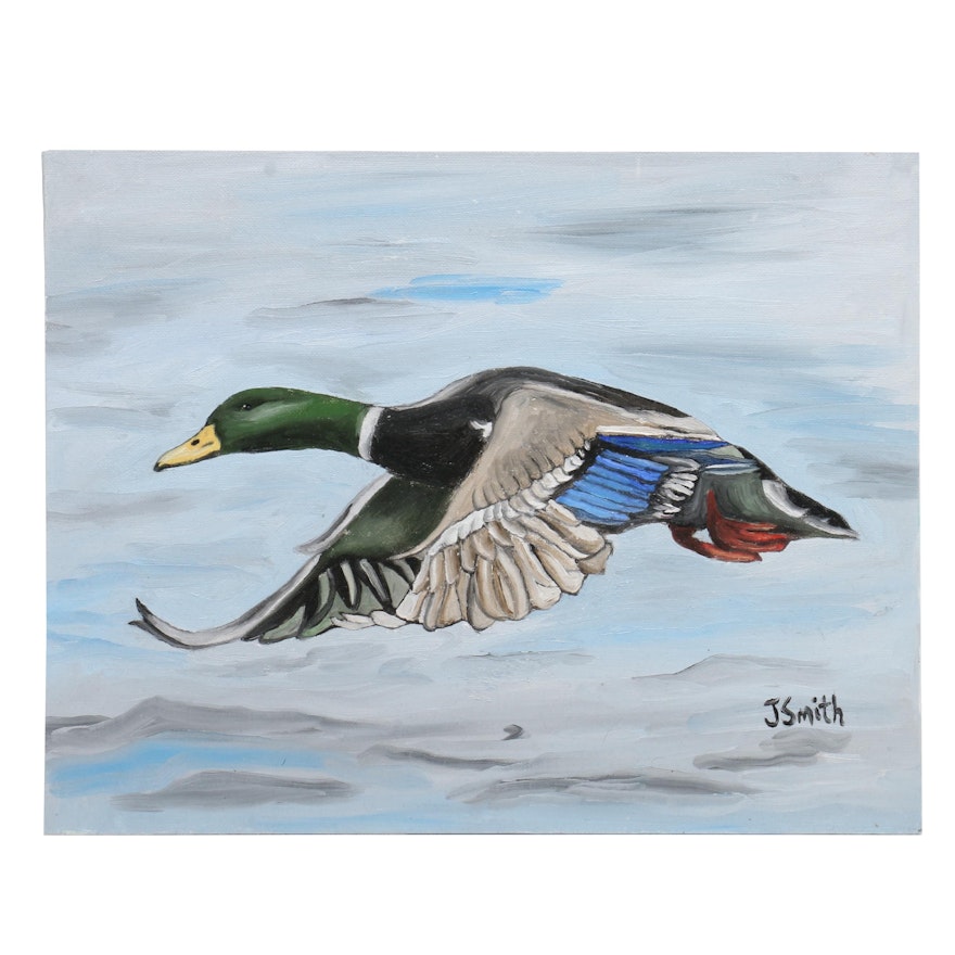 Jayme Smith Oil Painting of Mallard Duck in Flight