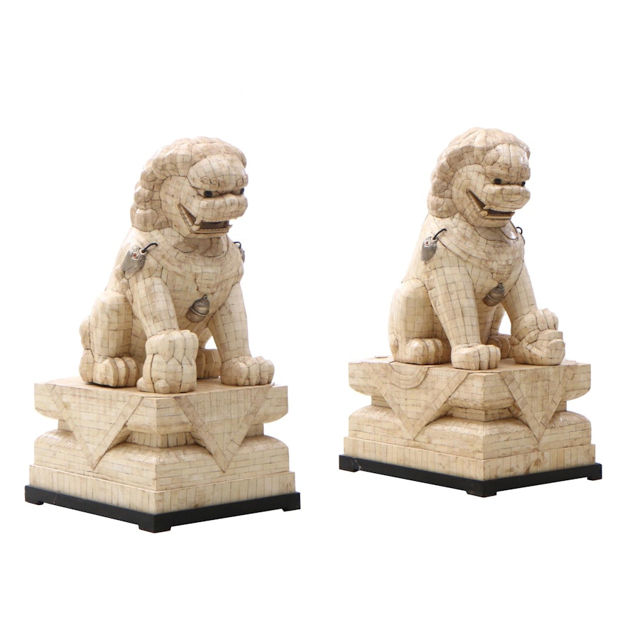 Chinese Tessellated Ox Bone Guardian Lion Figures