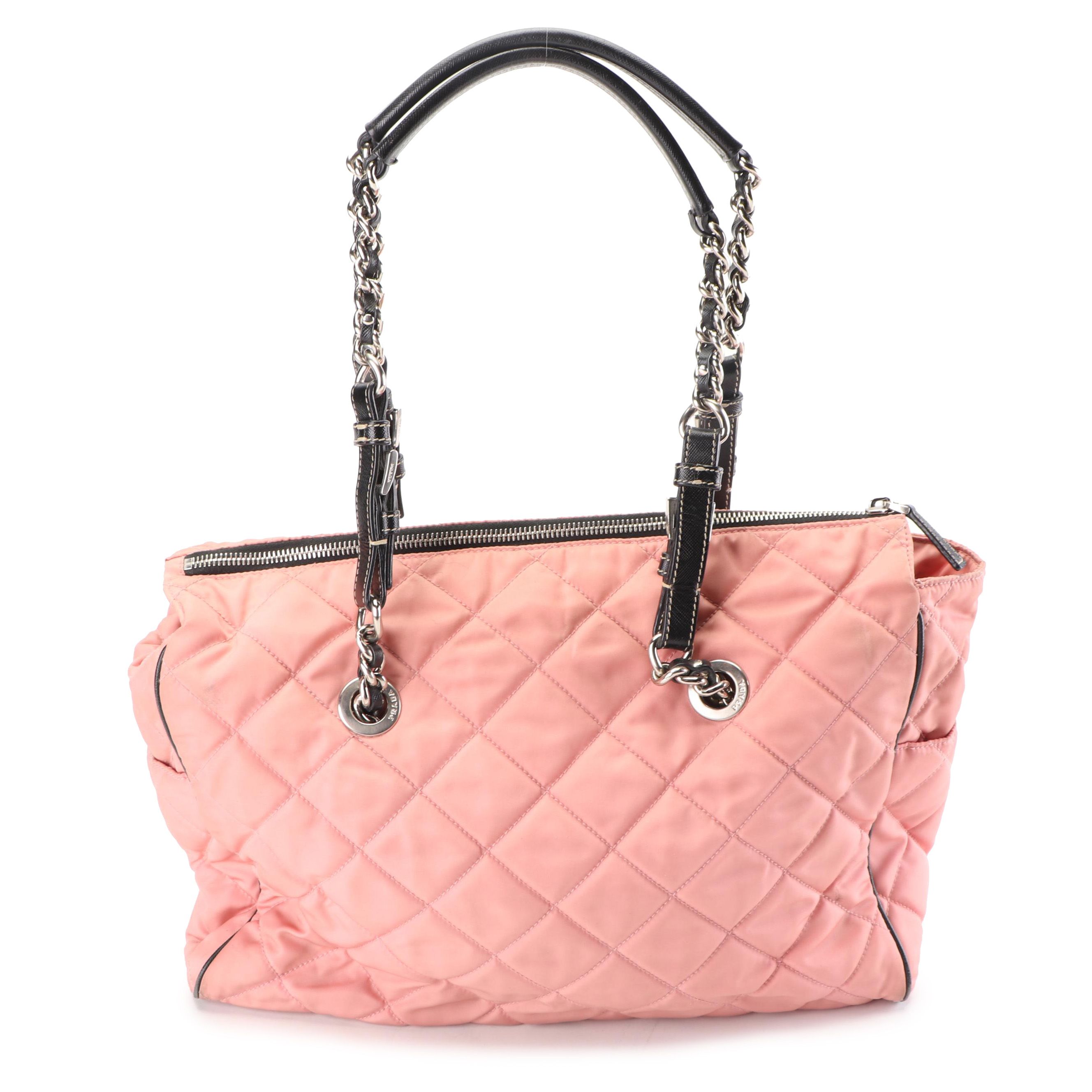 Prada Pink Quilted Nylon and Black Saffiano Leather Shopping Tote