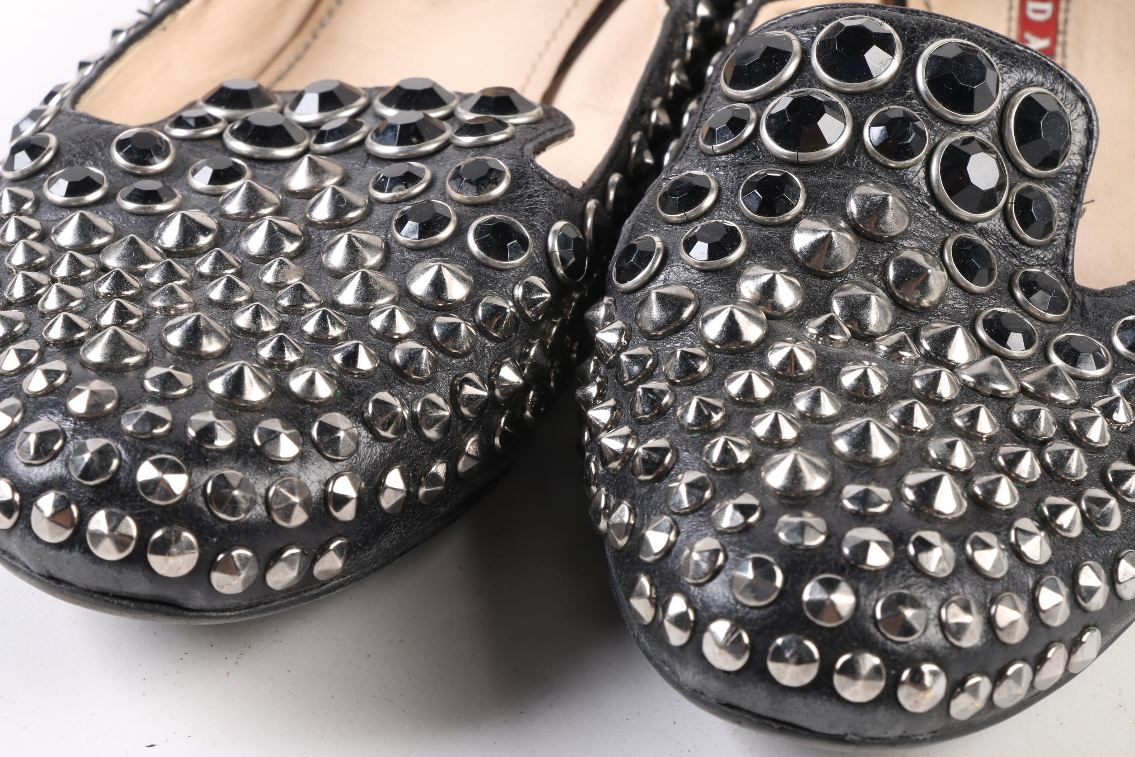 Prada Black Leather, Stud and Crystal Embellished Flats