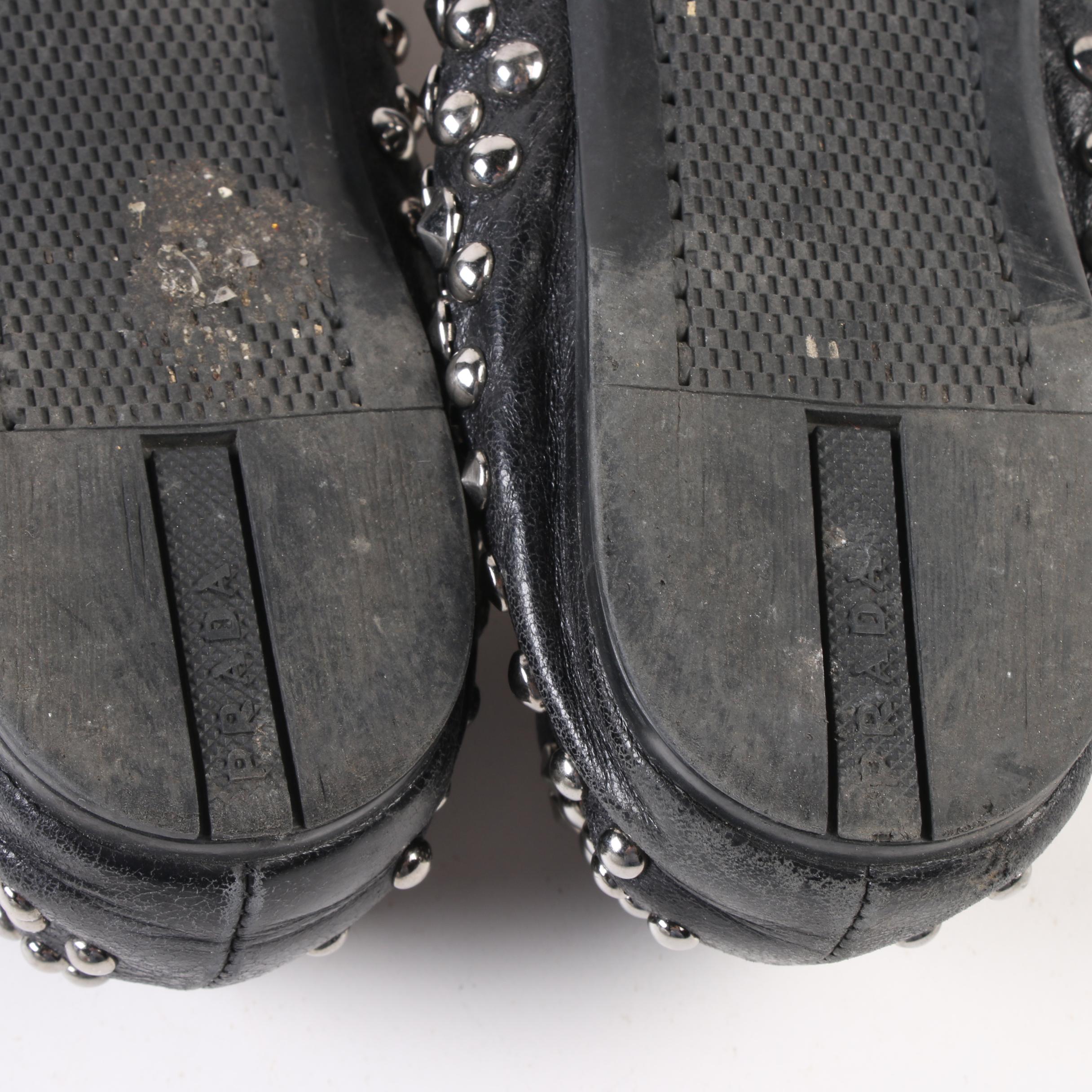 Prada Black Leather, Stud and Crystal Embellished Flats