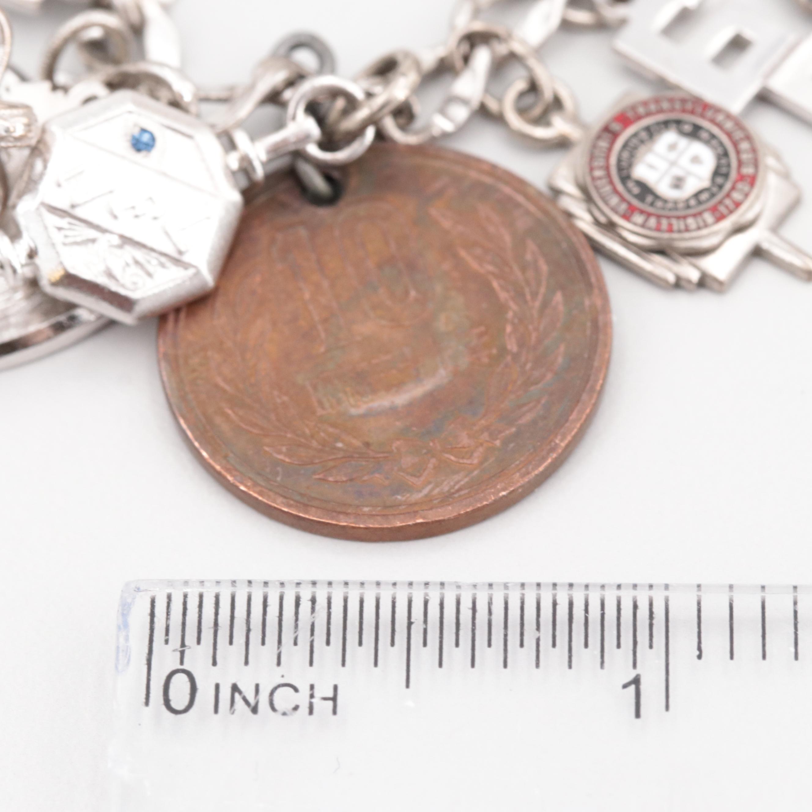 Carlart Sterling Charm Bracelet with Japanese 10-Yen and Greek 10-Lepta Coin