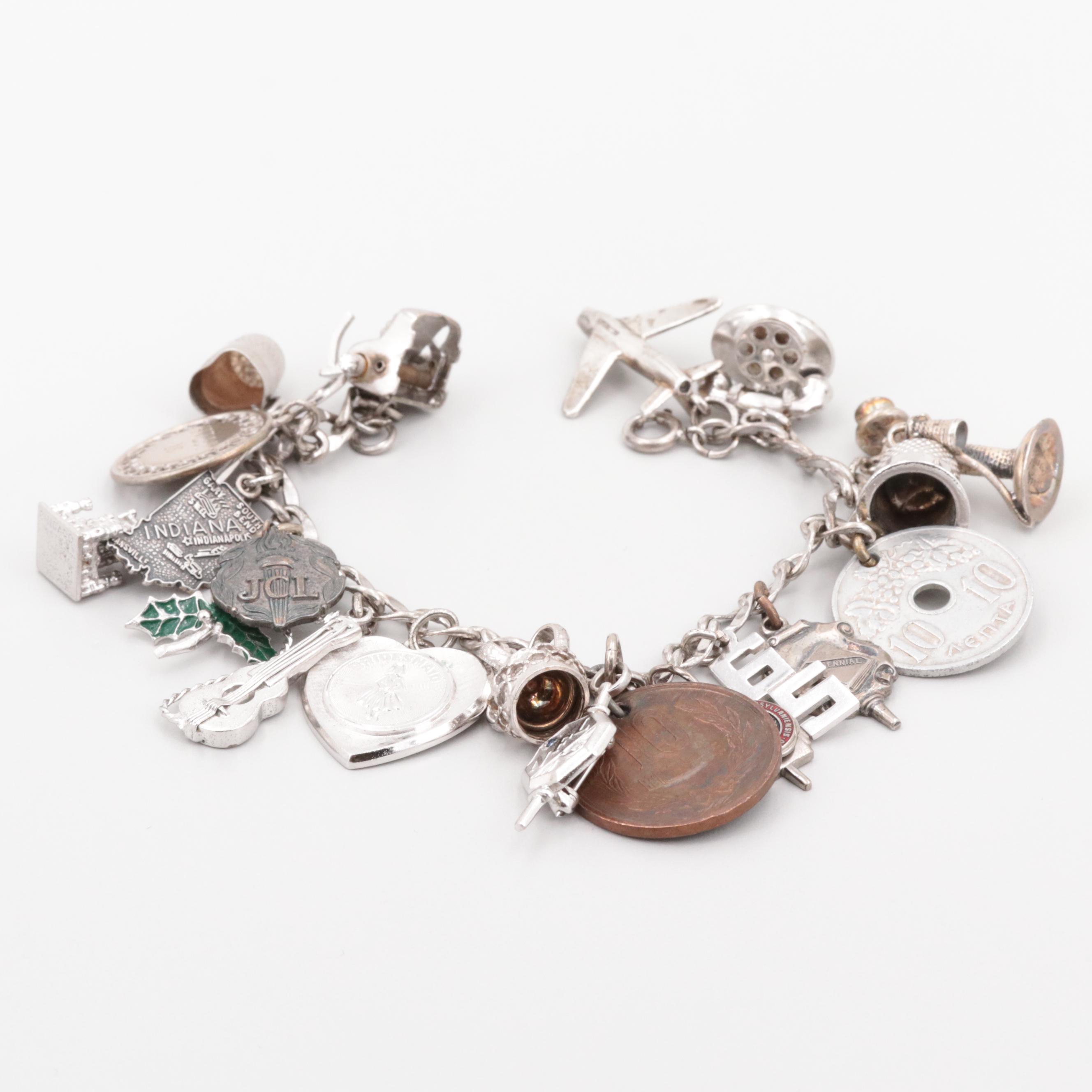 Carlart Sterling Charm Bracelet with Japanese 10-Yen and Greek 10-Lepta Coin