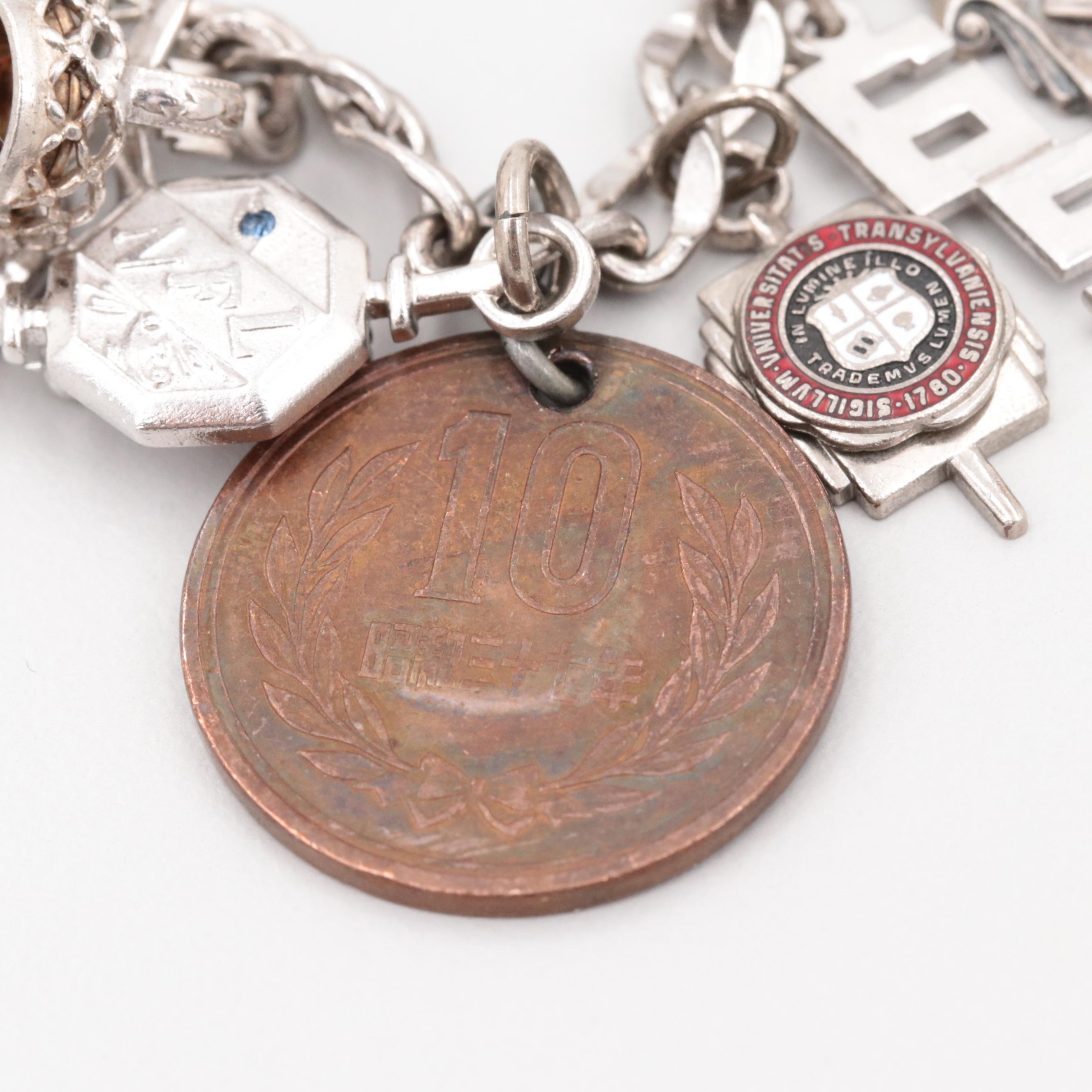 Carlart Sterling Charm Bracelet with Japanese 10-Yen and Greek 10-Lepta Coin