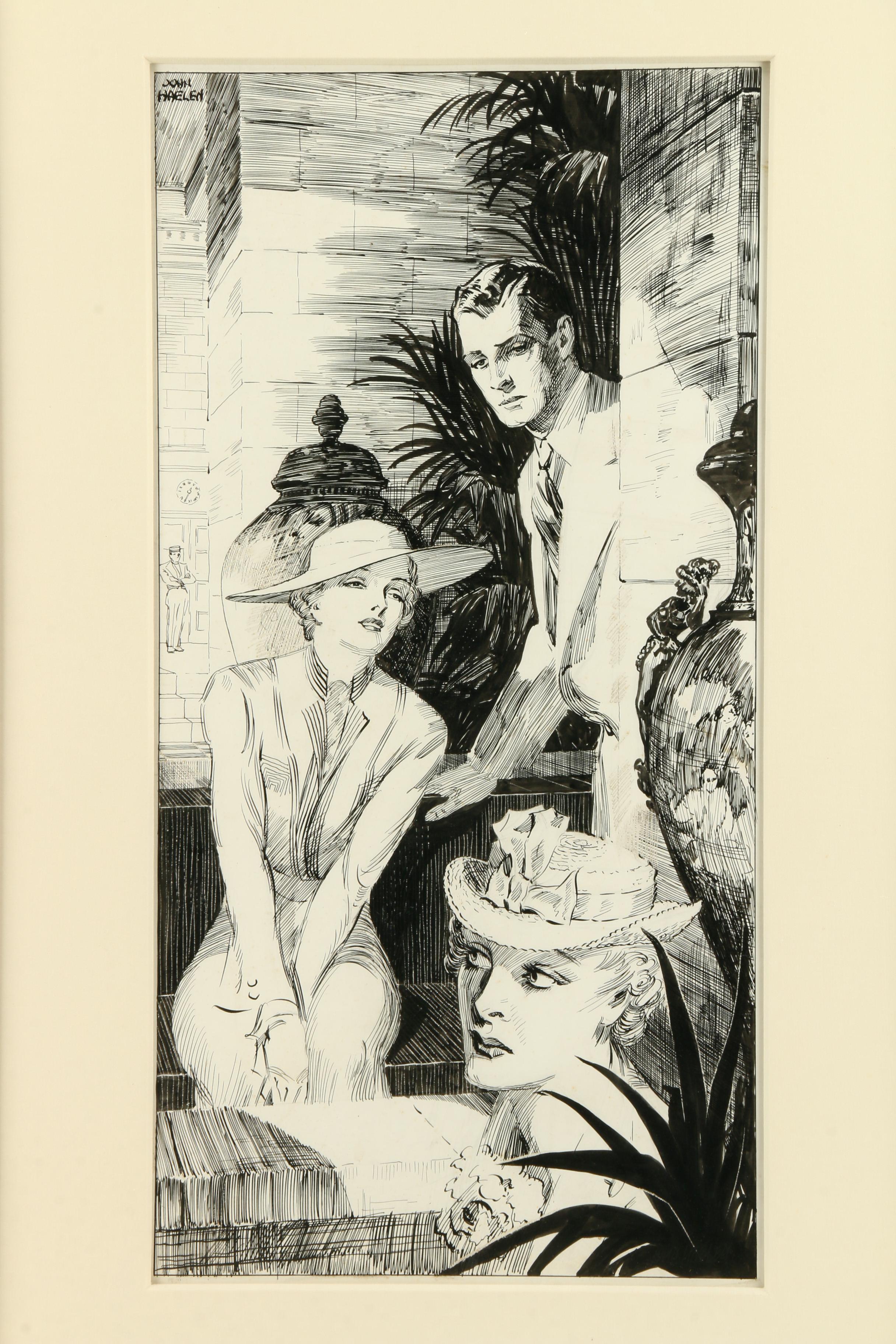 John Haelen Ink and Graphite Drawing of Narrative Scene