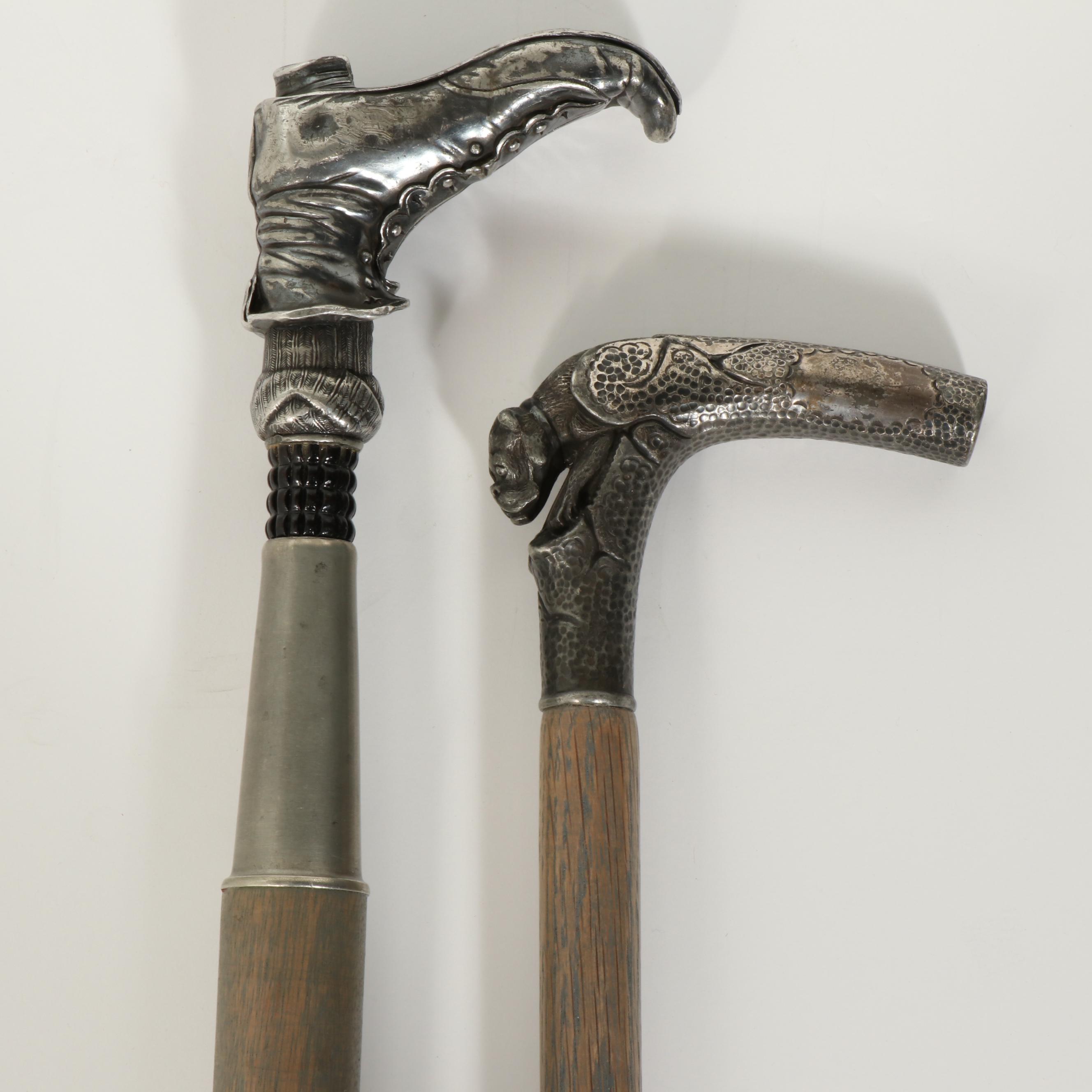 Decorative Metal Handled Wood Walking Sticks, Vintage