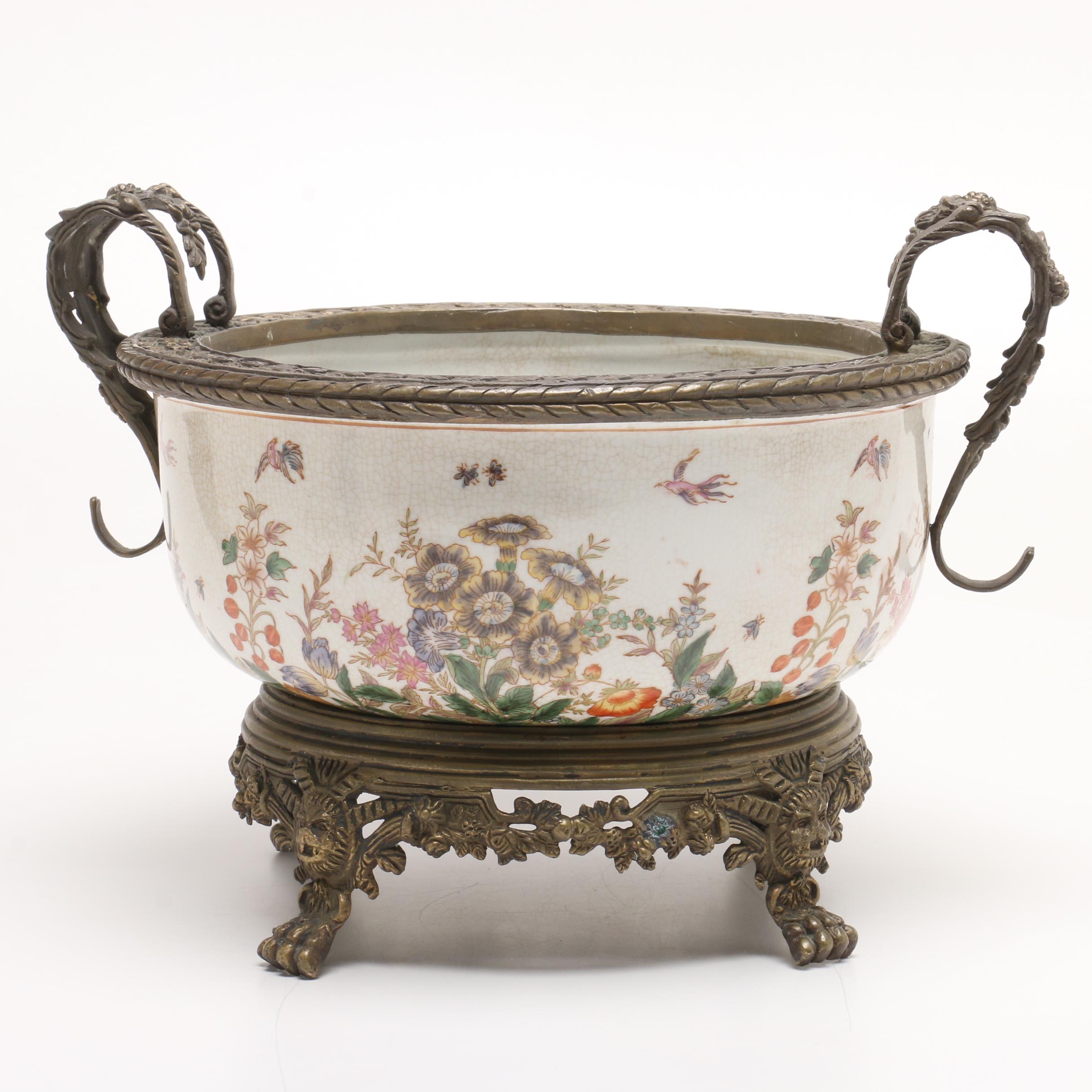 Hua Rong Tang Earthenware and Brass Footed Bowl, Early to Mid 20th Century