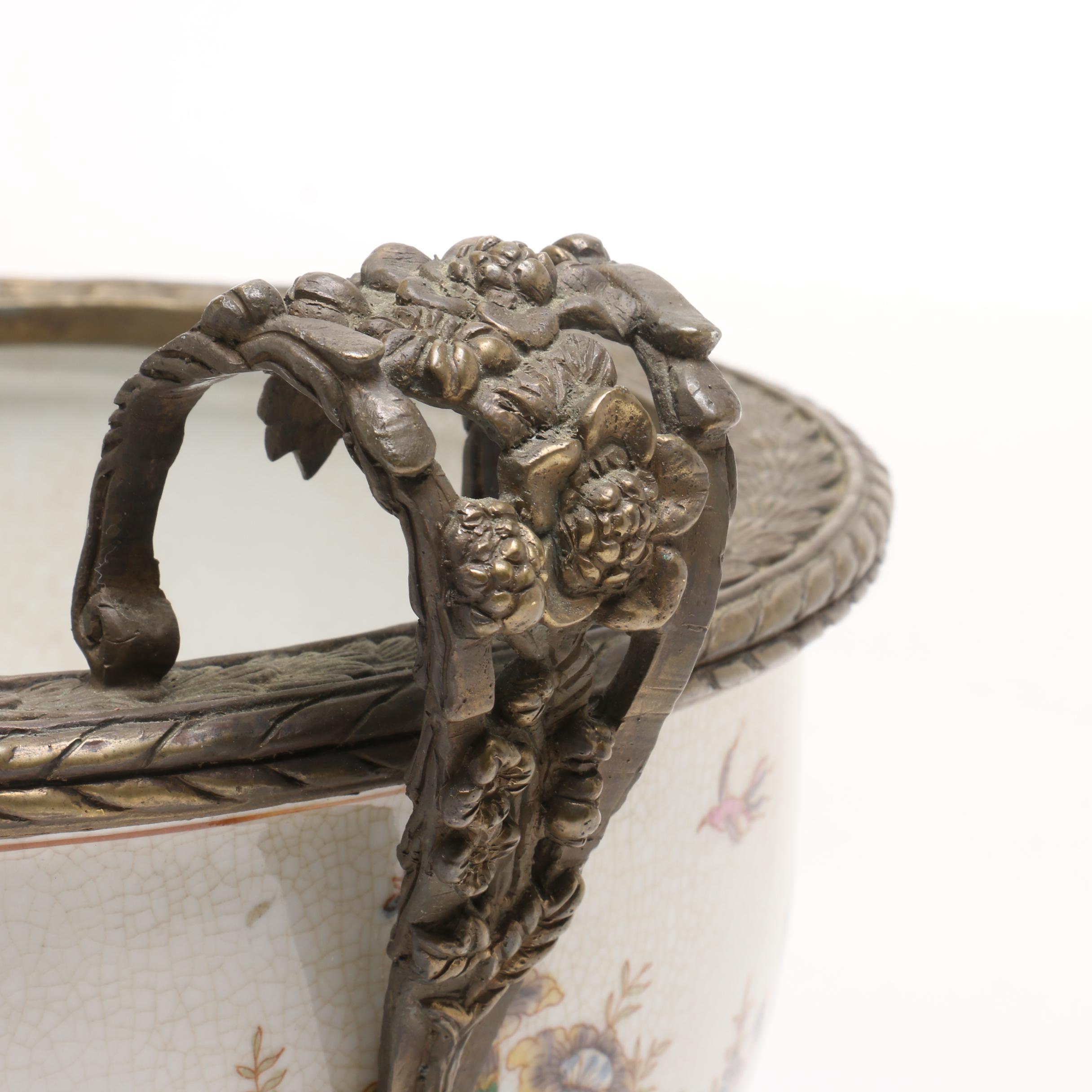 Hua Rong Tang Earthenware and Brass Footed Bowl, Early to Mid 20th Century