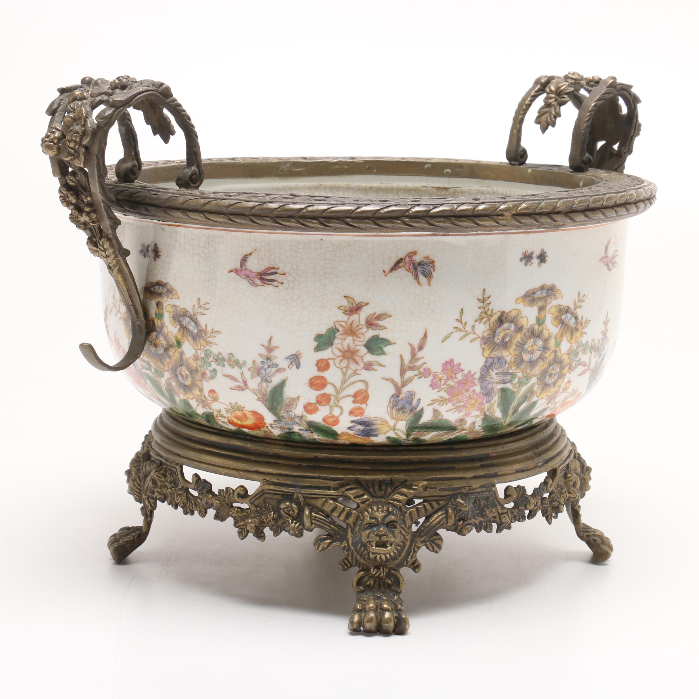 Hua Rong Tang Earthenware and Brass Footed Bowl, Early to Mid 20th Century