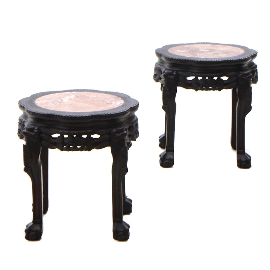 Chinese Ebonized Marble Top Accent Tables, Contemporary