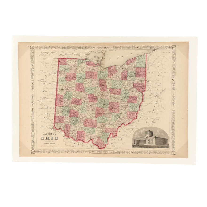 A.J. Johnson 1864 Engraved Map of Ohio