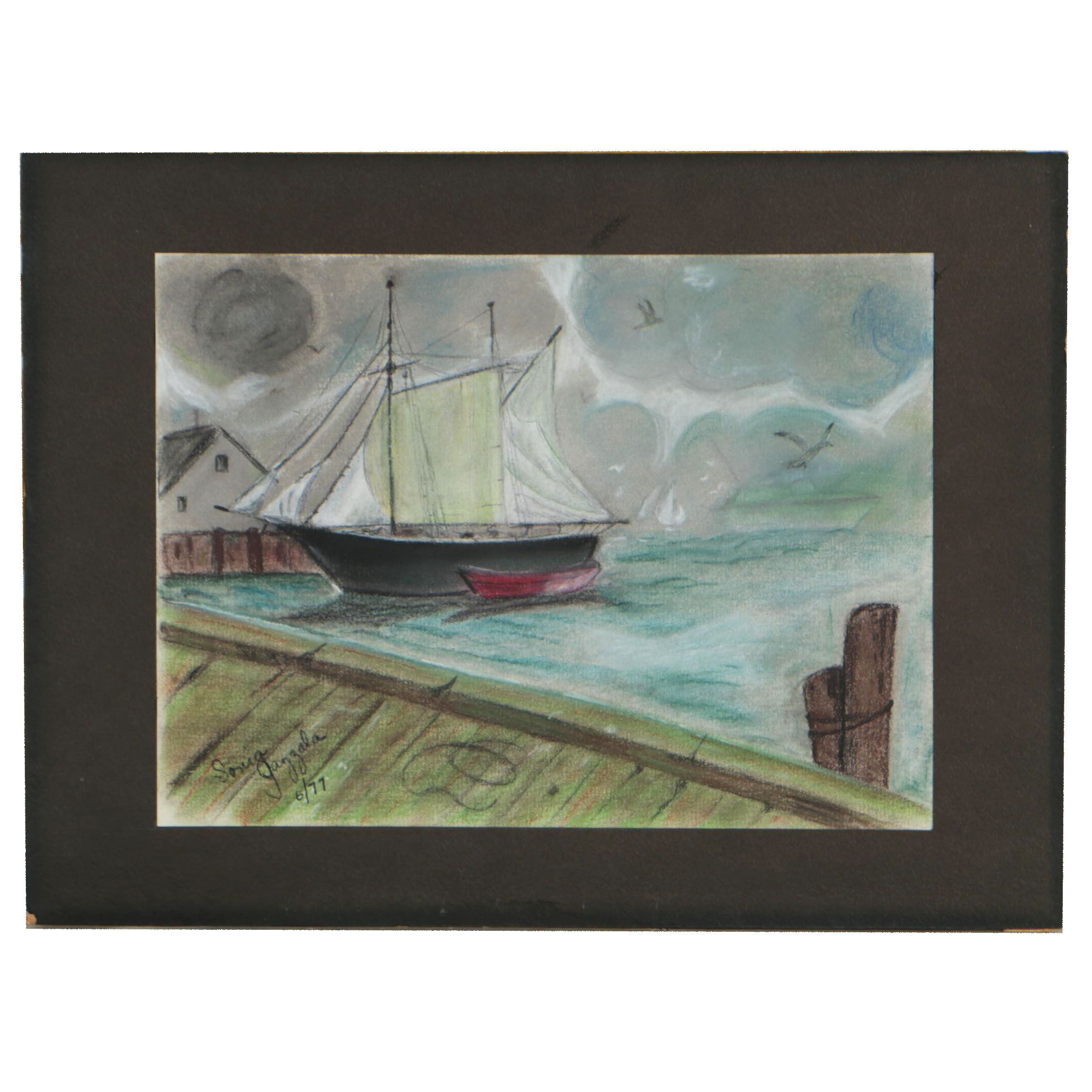 Late 20th Century Pastel Drawing of a Harbor Scene