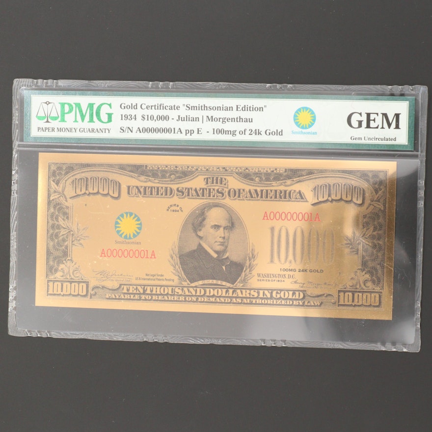 PMG Graded Gem Uncirculated Series 1934 $10,000 Gold Certificate Banknote