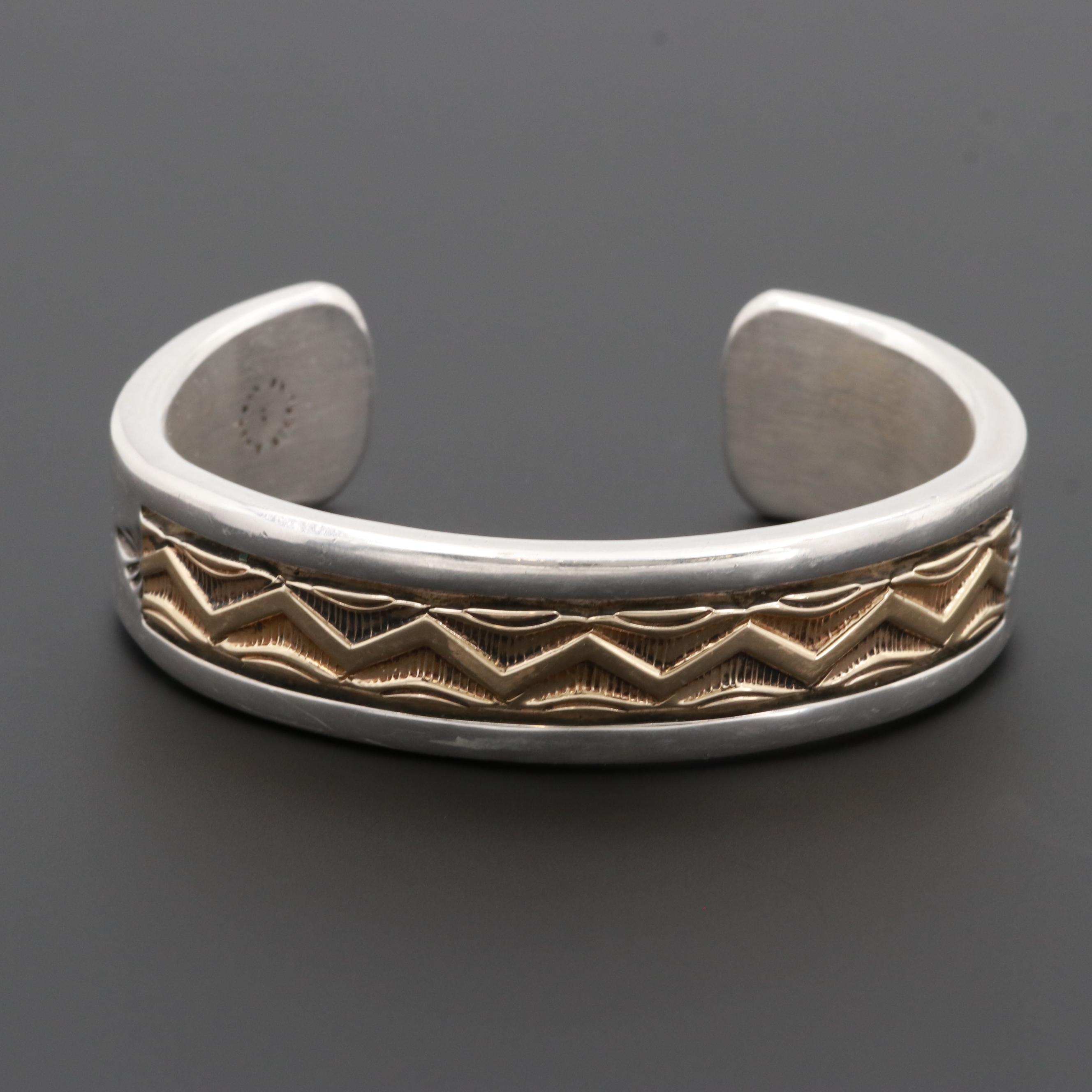 Bruce Morgan Navajo Diné Sterling Silver and 14K Yellow Gold Cuff Bracelet