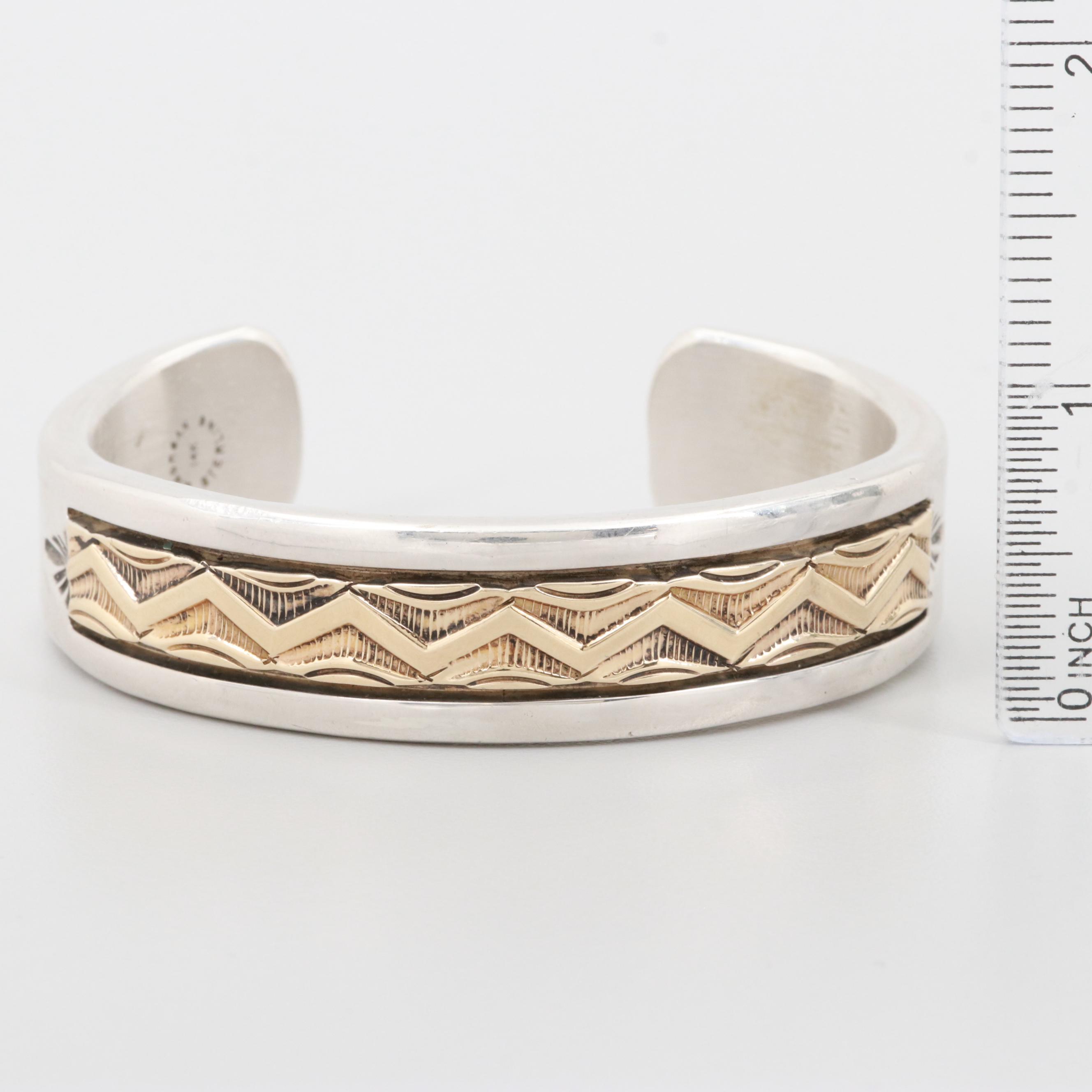 Bruce Morgan Navajo Diné Sterling Silver and 14K Yellow Gold Cuff Bracelet