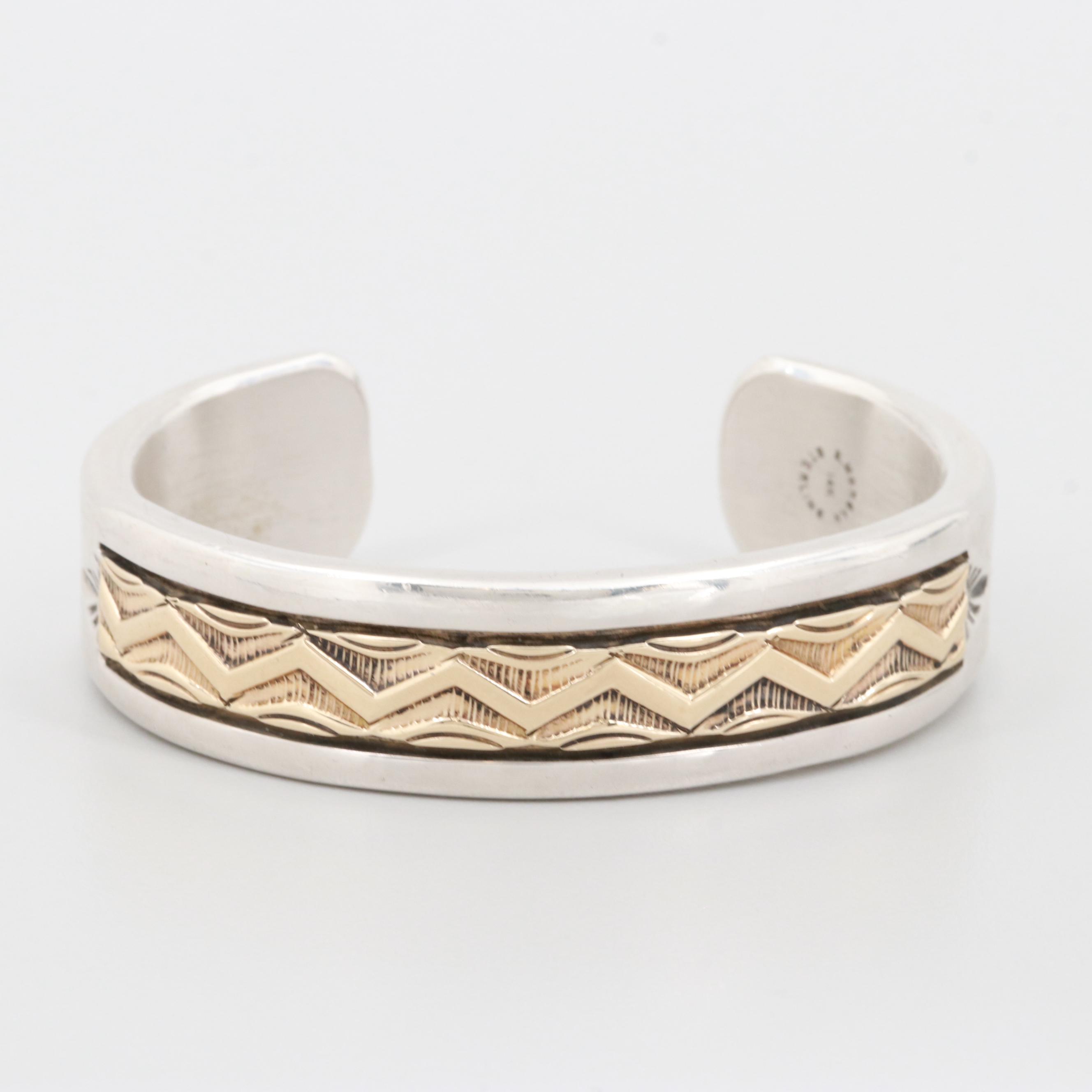 Bruce Morgan Navajo Diné Sterling Silver and 14K Yellow Gold Cuff Bracelet