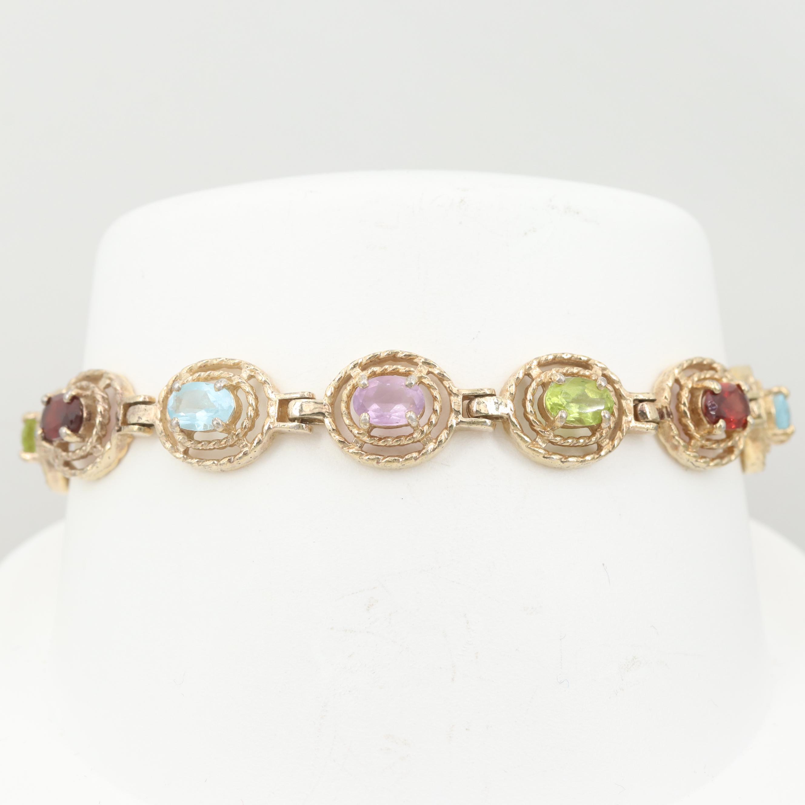 Gold Wash on Sterling Silver Topaz, Amethyst, Peridot, and Garnet Bracelet