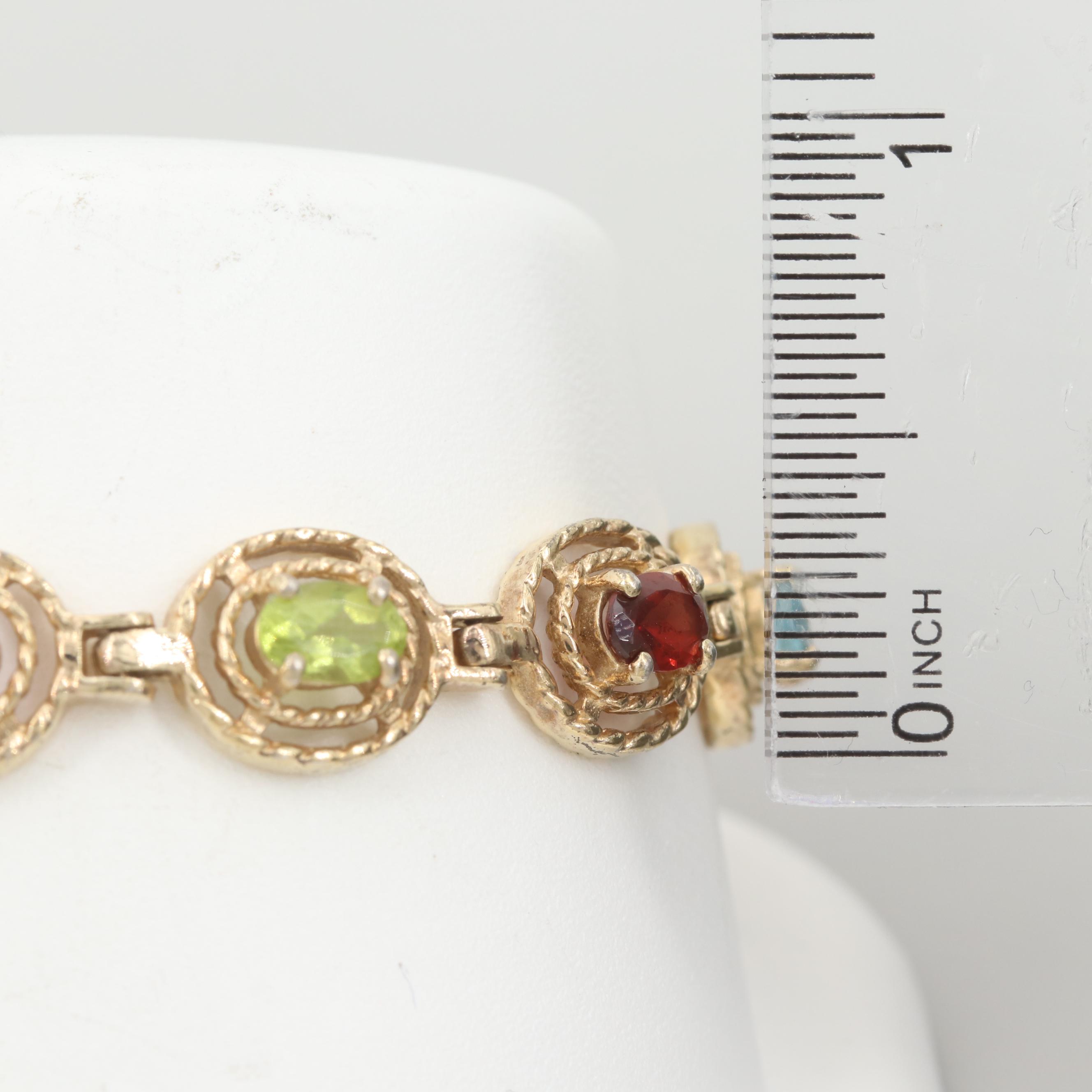 Gold Wash on Sterling Silver Topaz, Amethyst, Peridot, and Garnet Bracelet