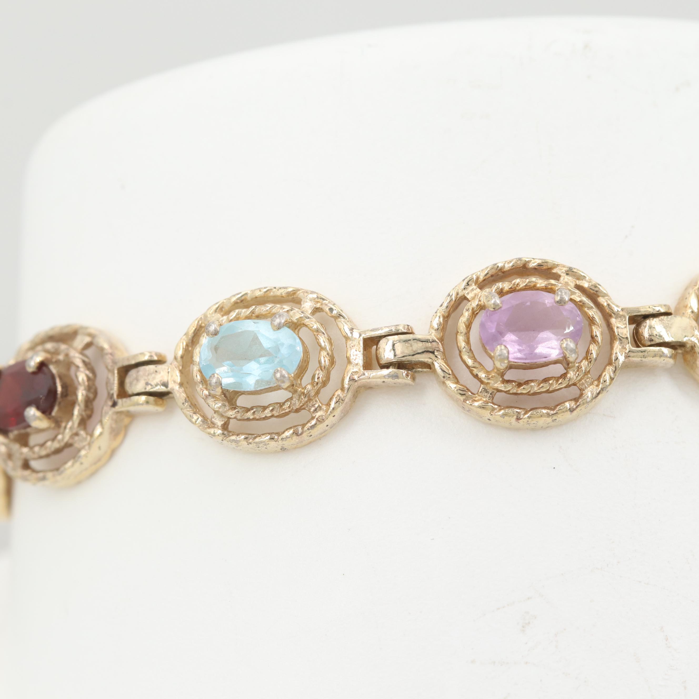 Gold Wash on Sterling Silver Topaz, Amethyst, Peridot, and Garnet Bracelet