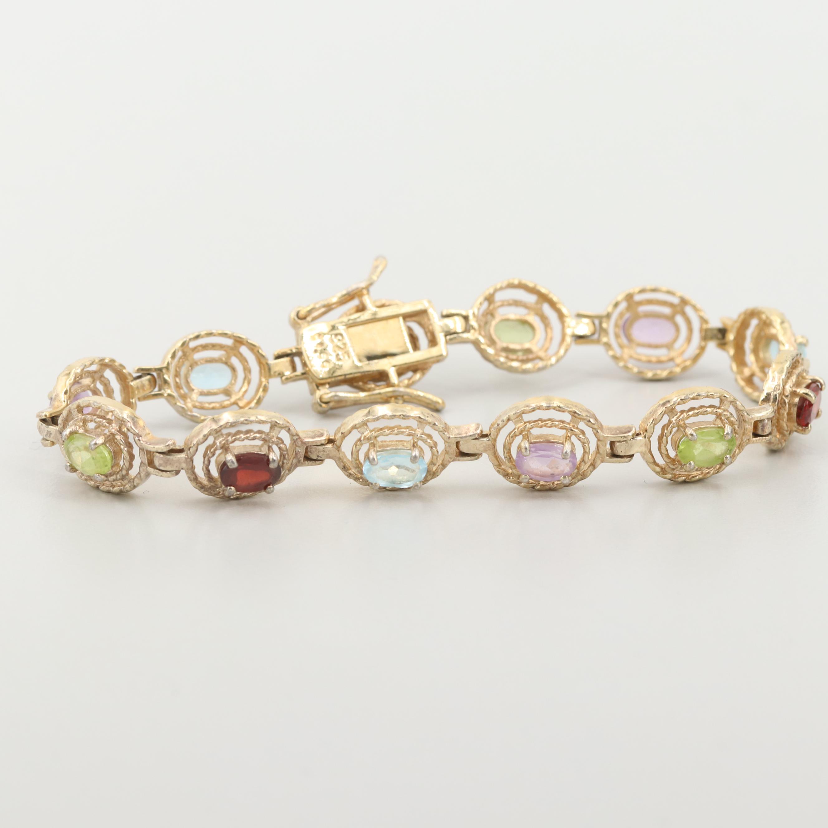 Gold Wash on Sterling Silver Topaz, Amethyst, Peridot, and Garnet Bracelet