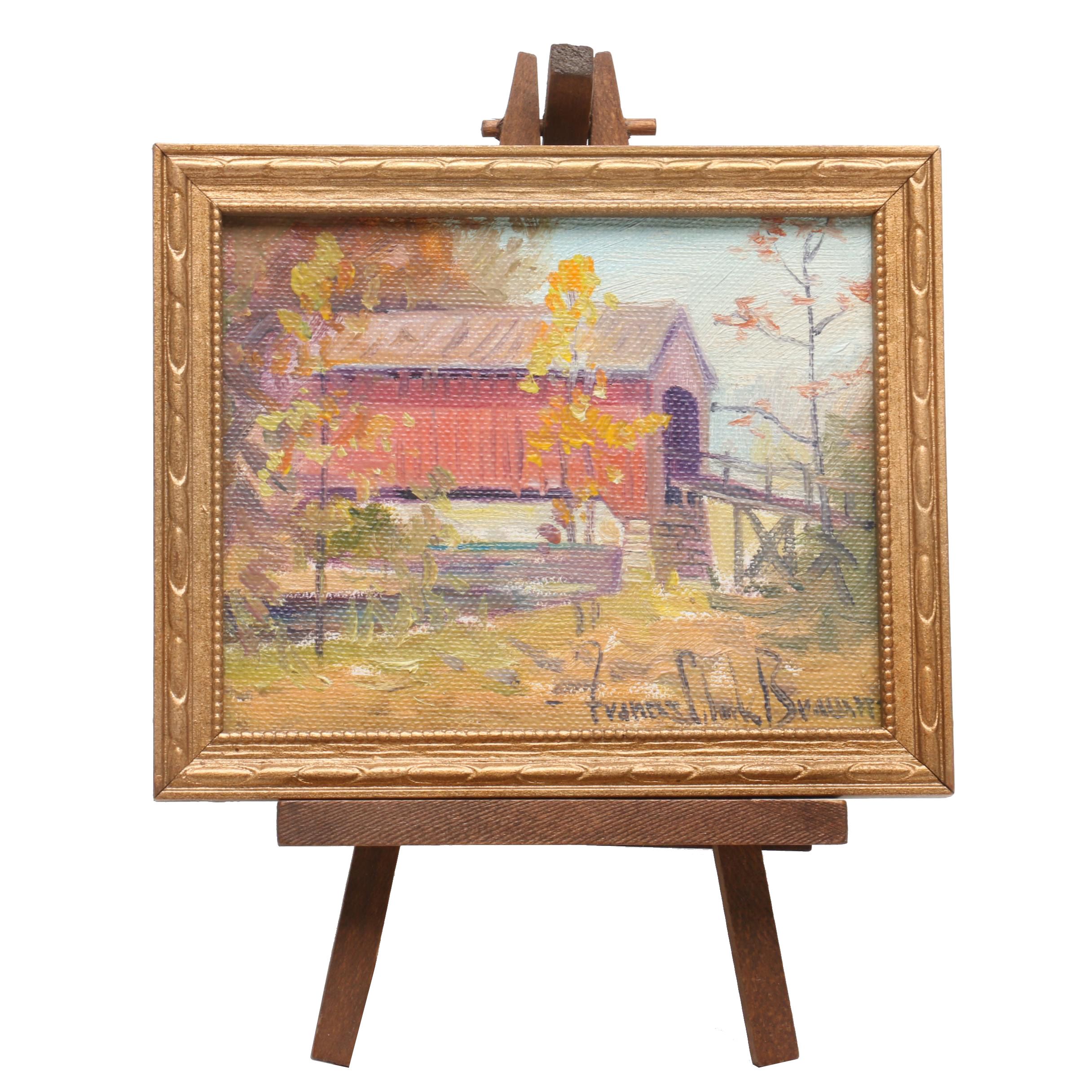 Frances Clark Brown Miniature Oil Painting of Covered Bridge
