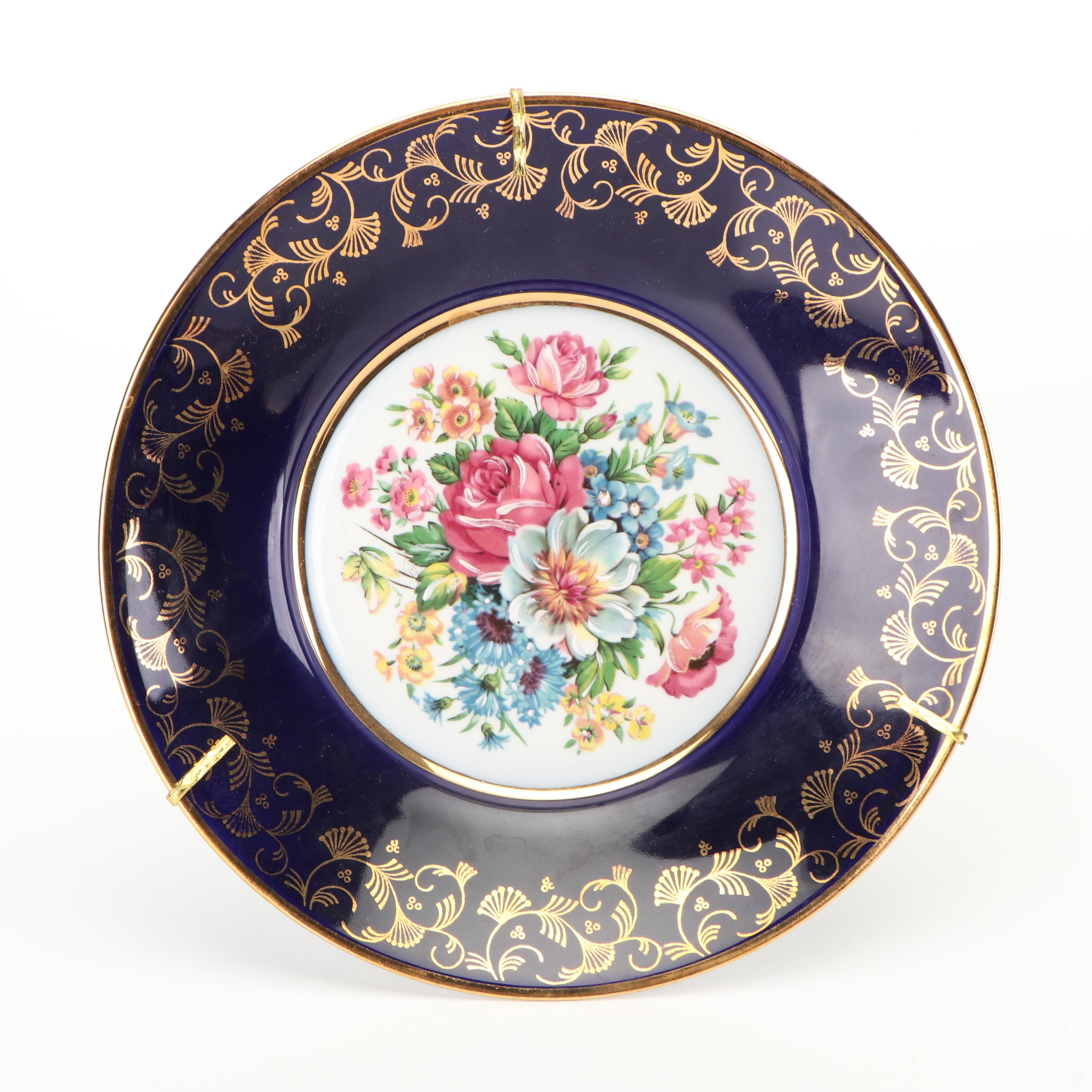 Rehausse Main Limoges Porcelain Plates with Plate Hangers, Circa 1980s