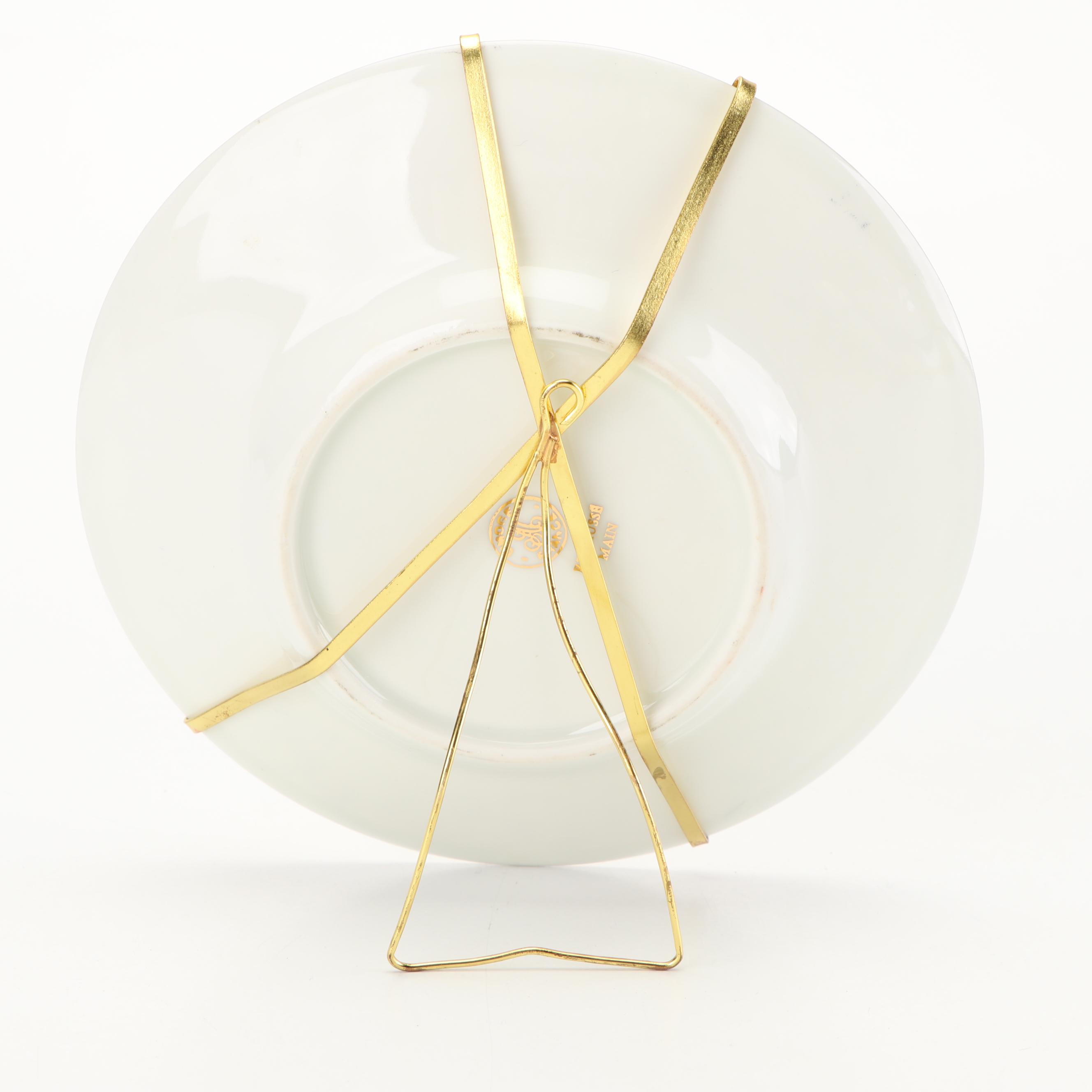 Rehausse Main Limoges Porcelain Plates with Plate Hangers, Circa 1980s