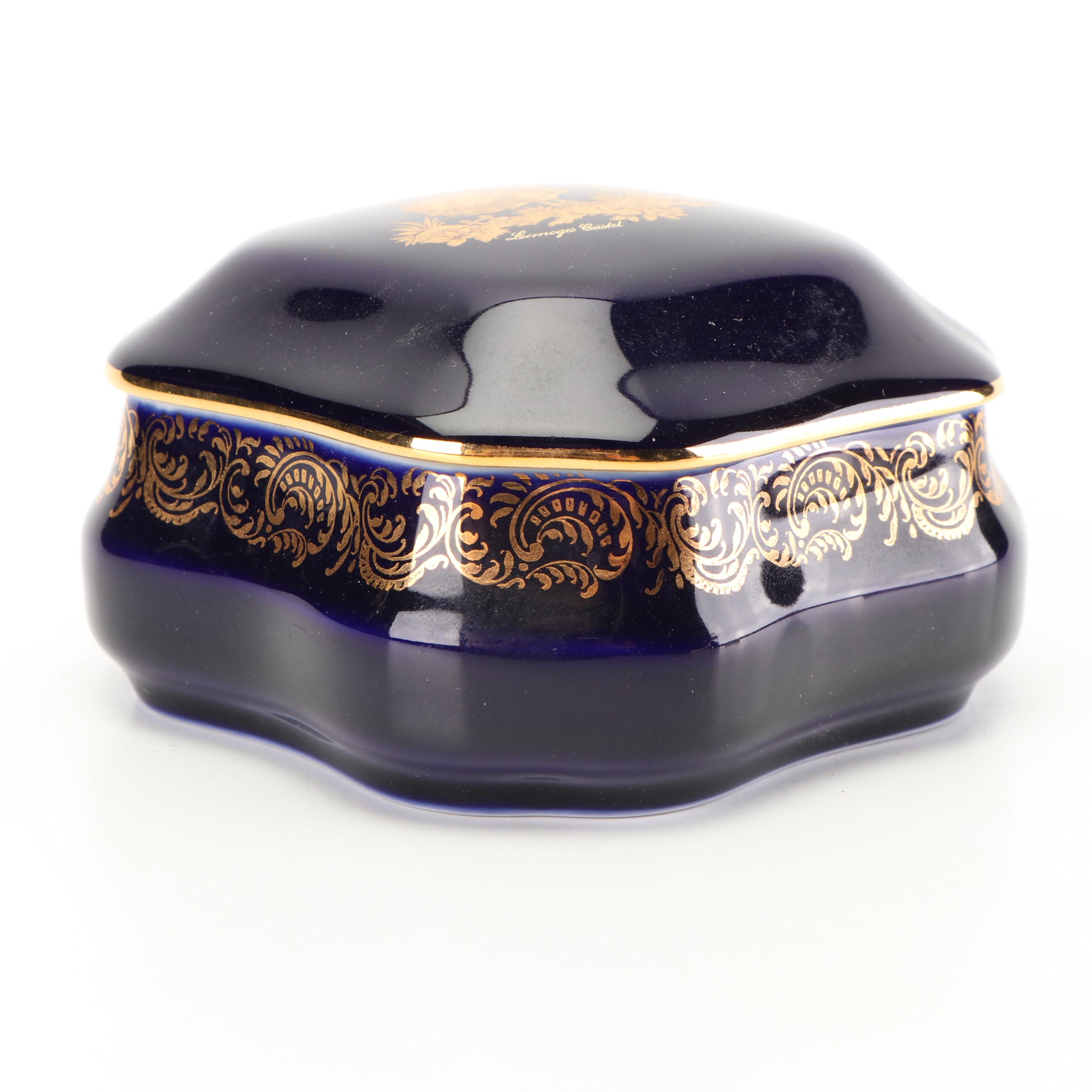 Limoges Castel Porcelain Cobalt Trinket Box with 22K Gold