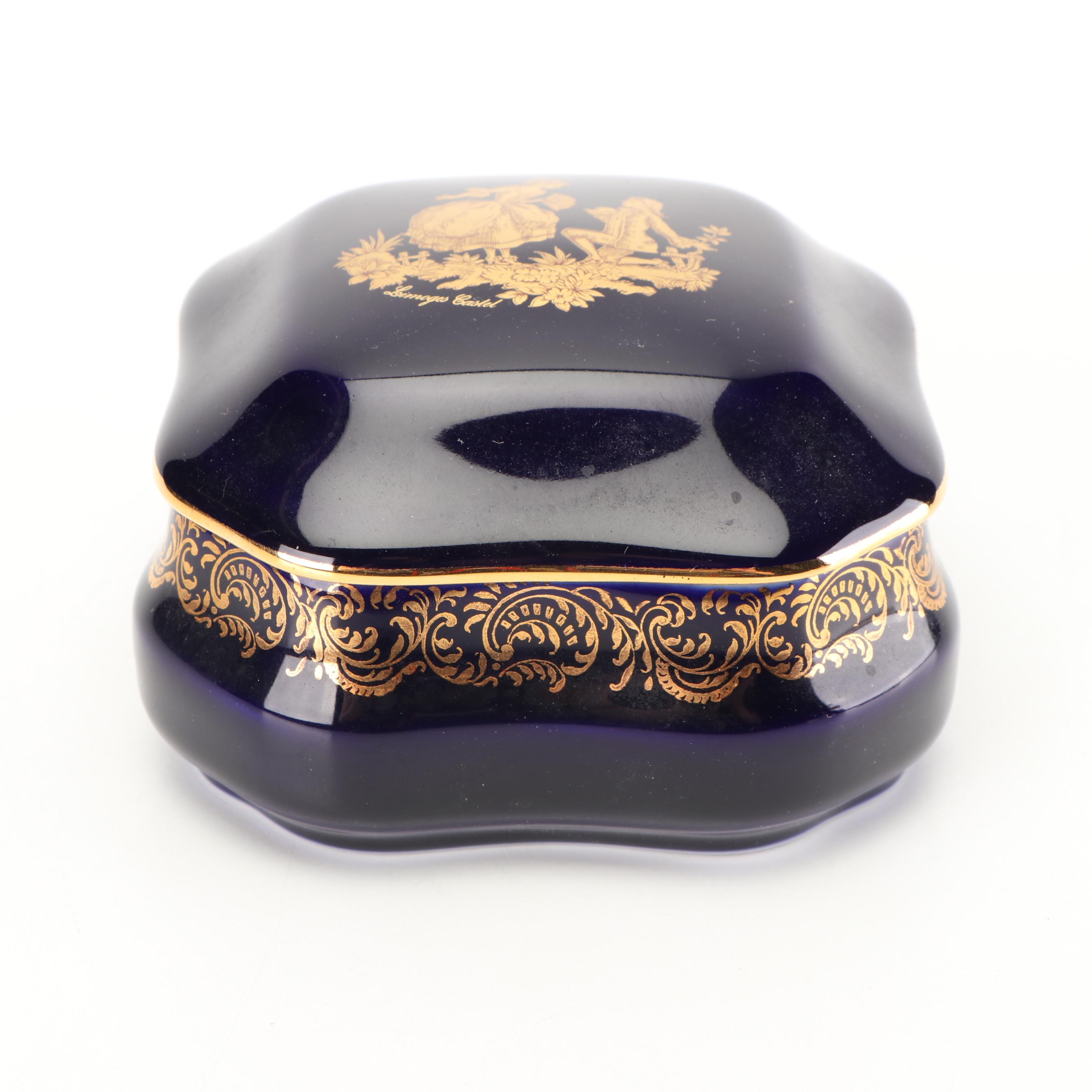 Limoges Castel Porcelain Cobalt Trinket Box with 22K Gold