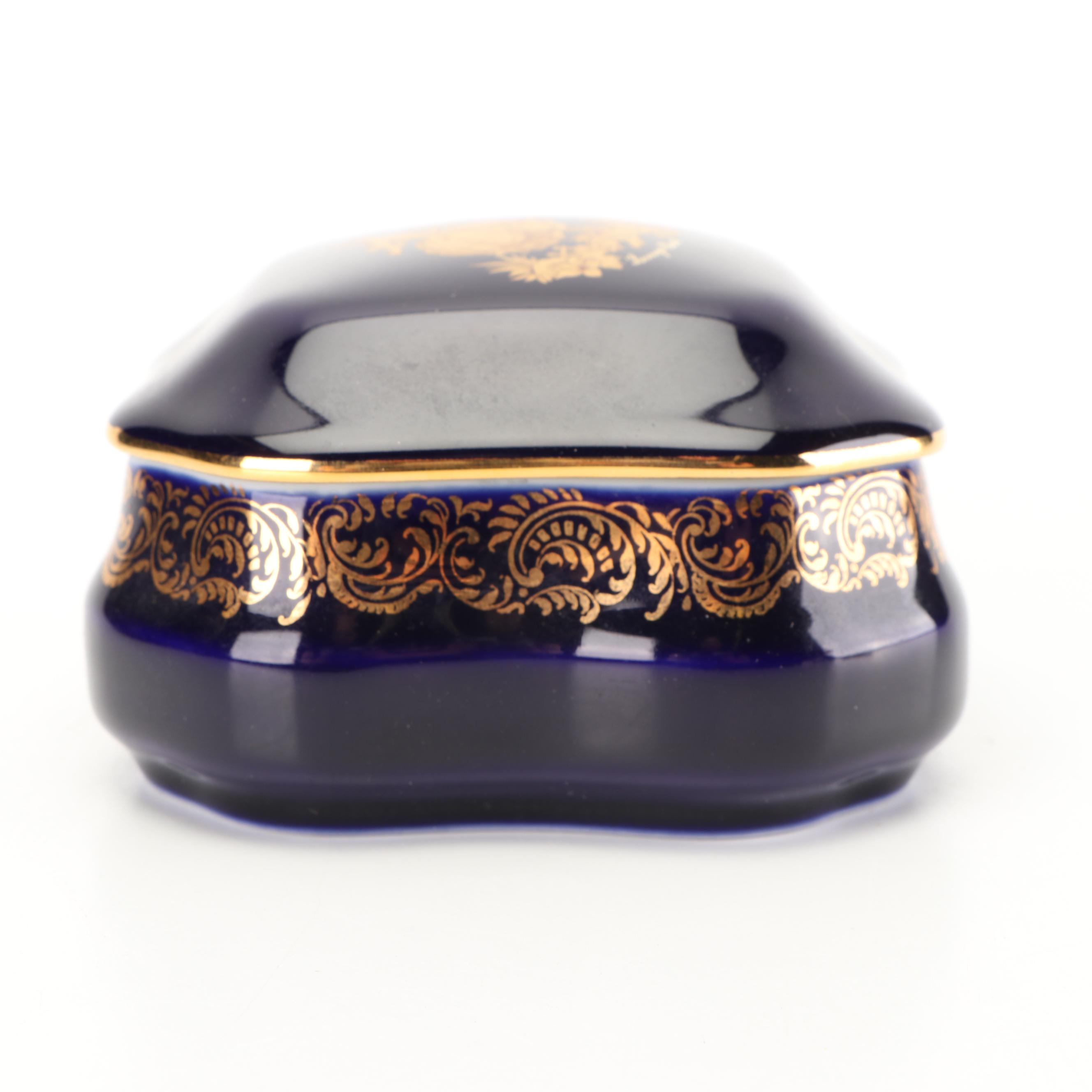 Limoges Castel Porcelain Cobalt Trinket Box with 22K Gold