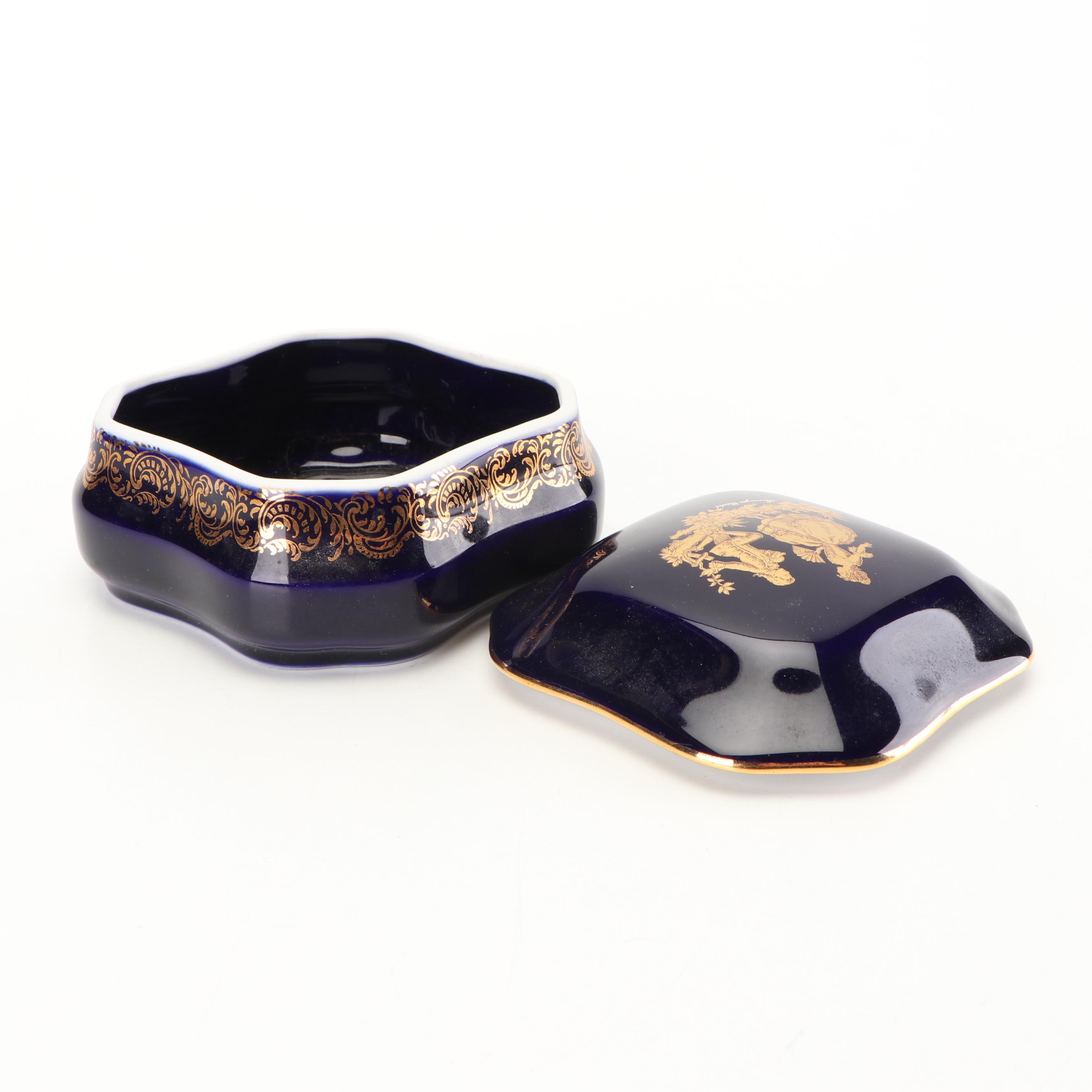 Limoges Castel Porcelain Cobalt Trinket Box with 22K Gold