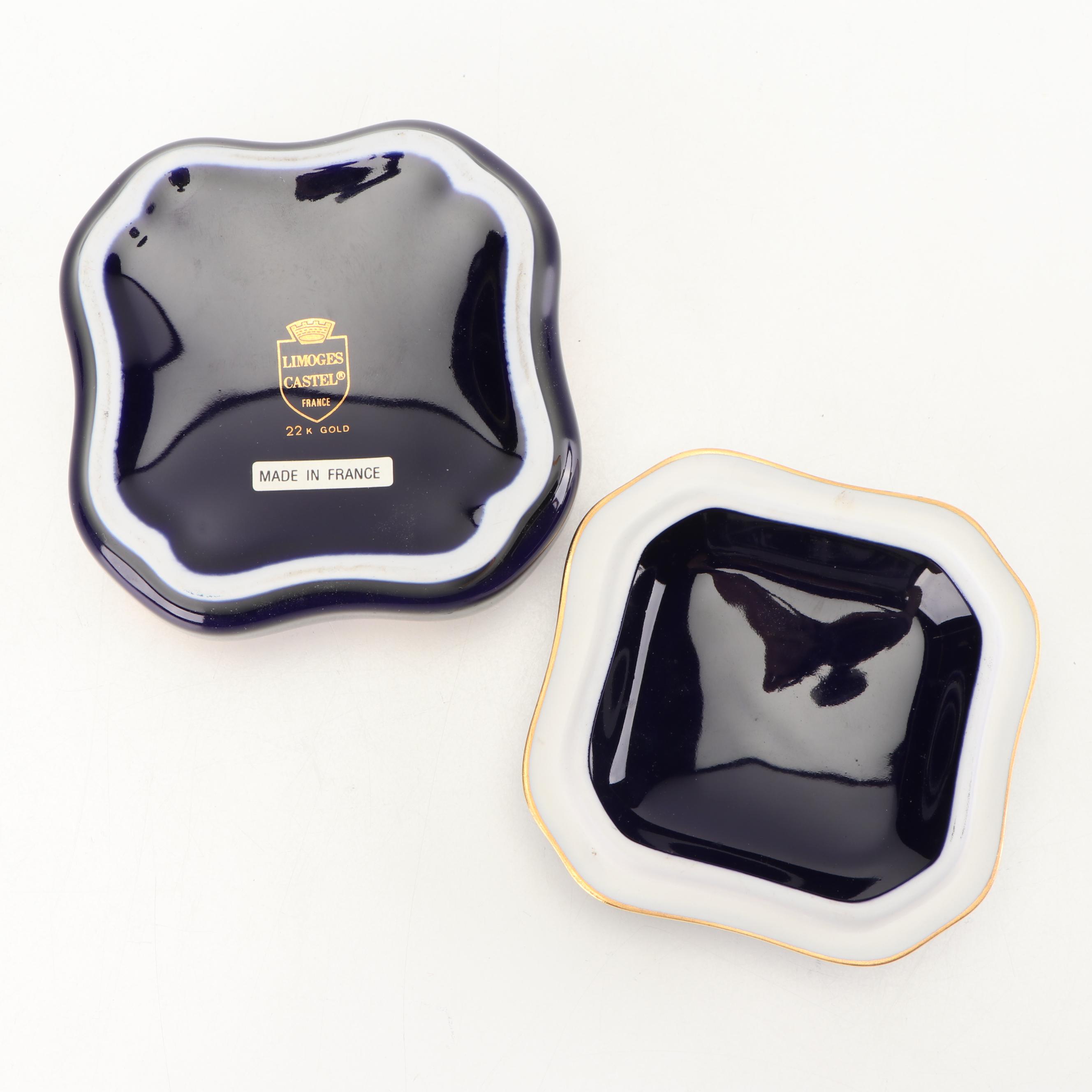 Limoges Castel Porcelain Cobalt Trinket Box with 22K Gold