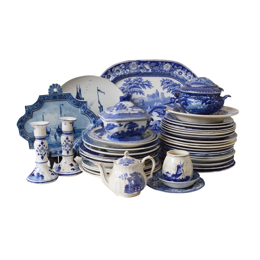 Collection of Blue and White Stoneware Tableware