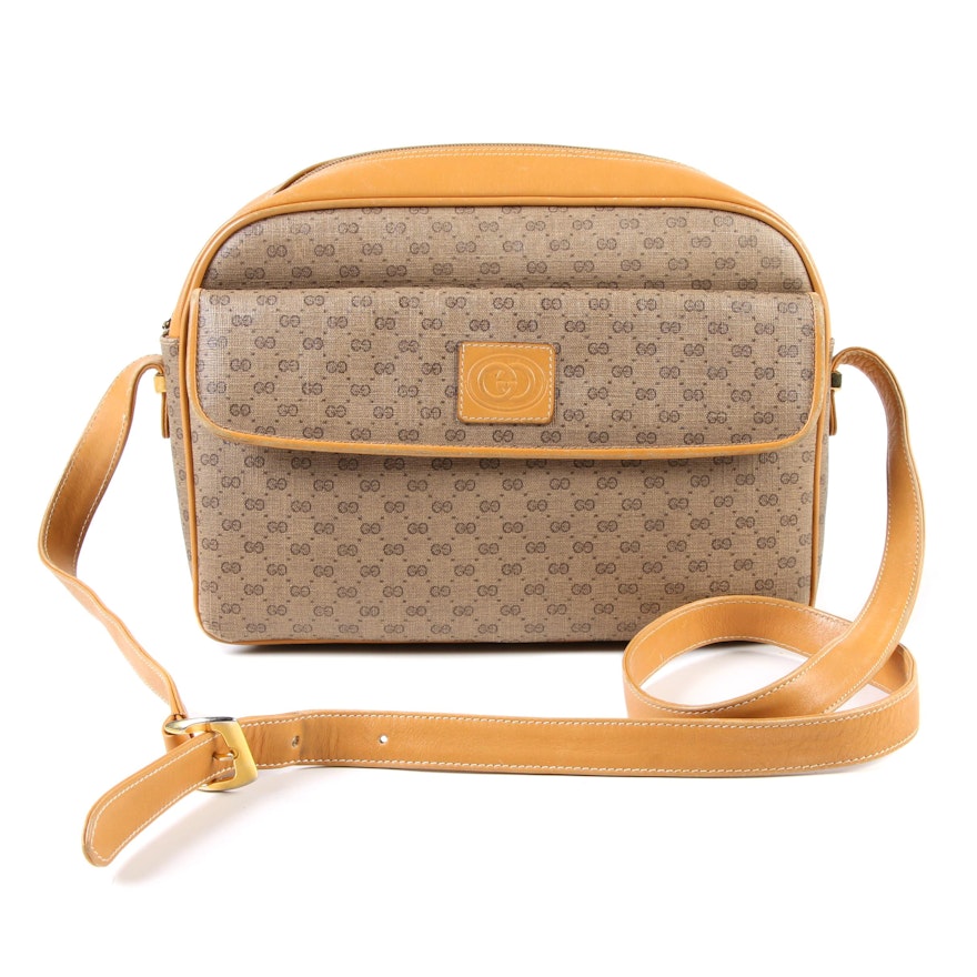 Gucci Micro GG Canvas and Tan Leather Crossbody Shoulder Bag, Vintage