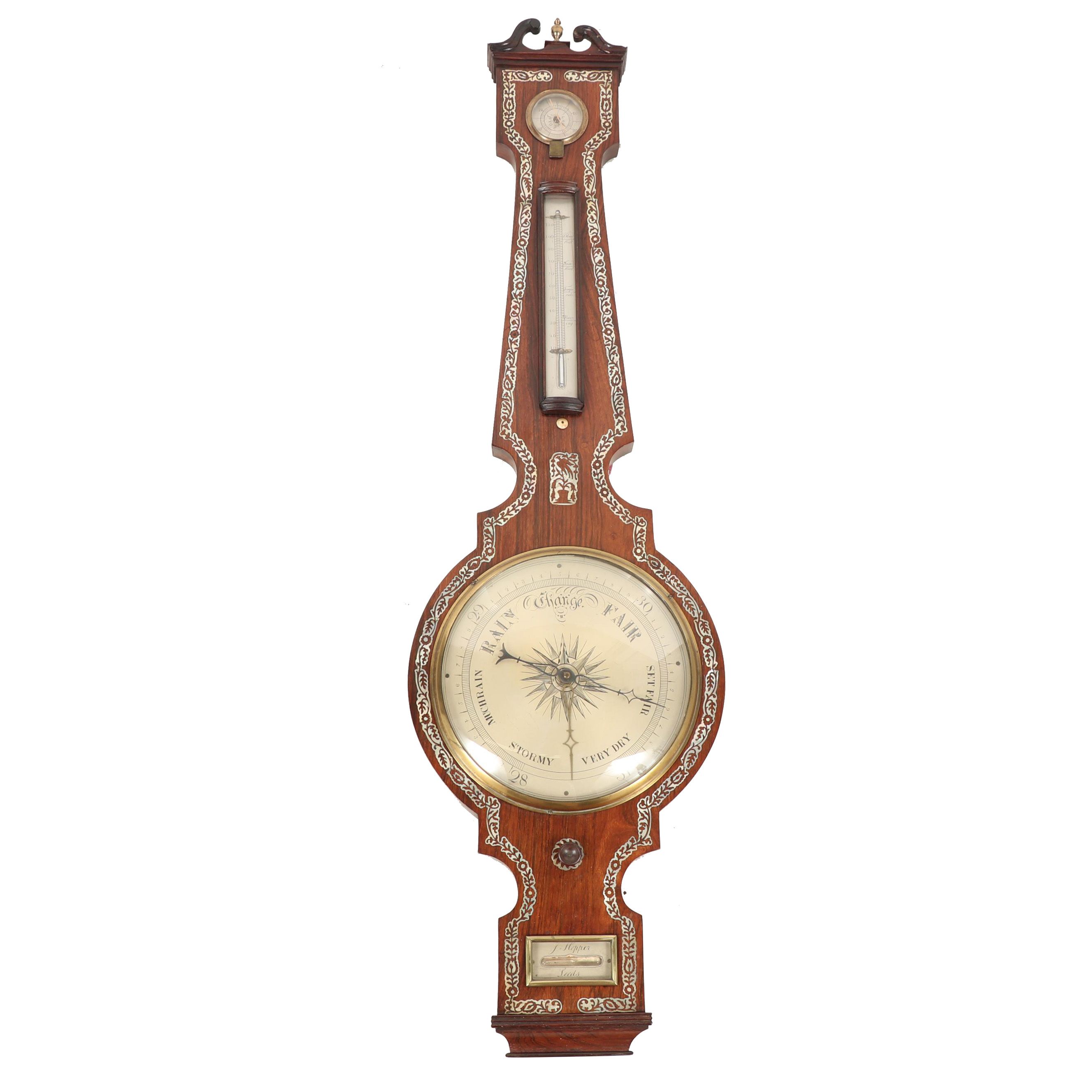 J Hepper Leeds Banjo Barometer Weather Station with Mother-of-Pearl Inlay, 1840s