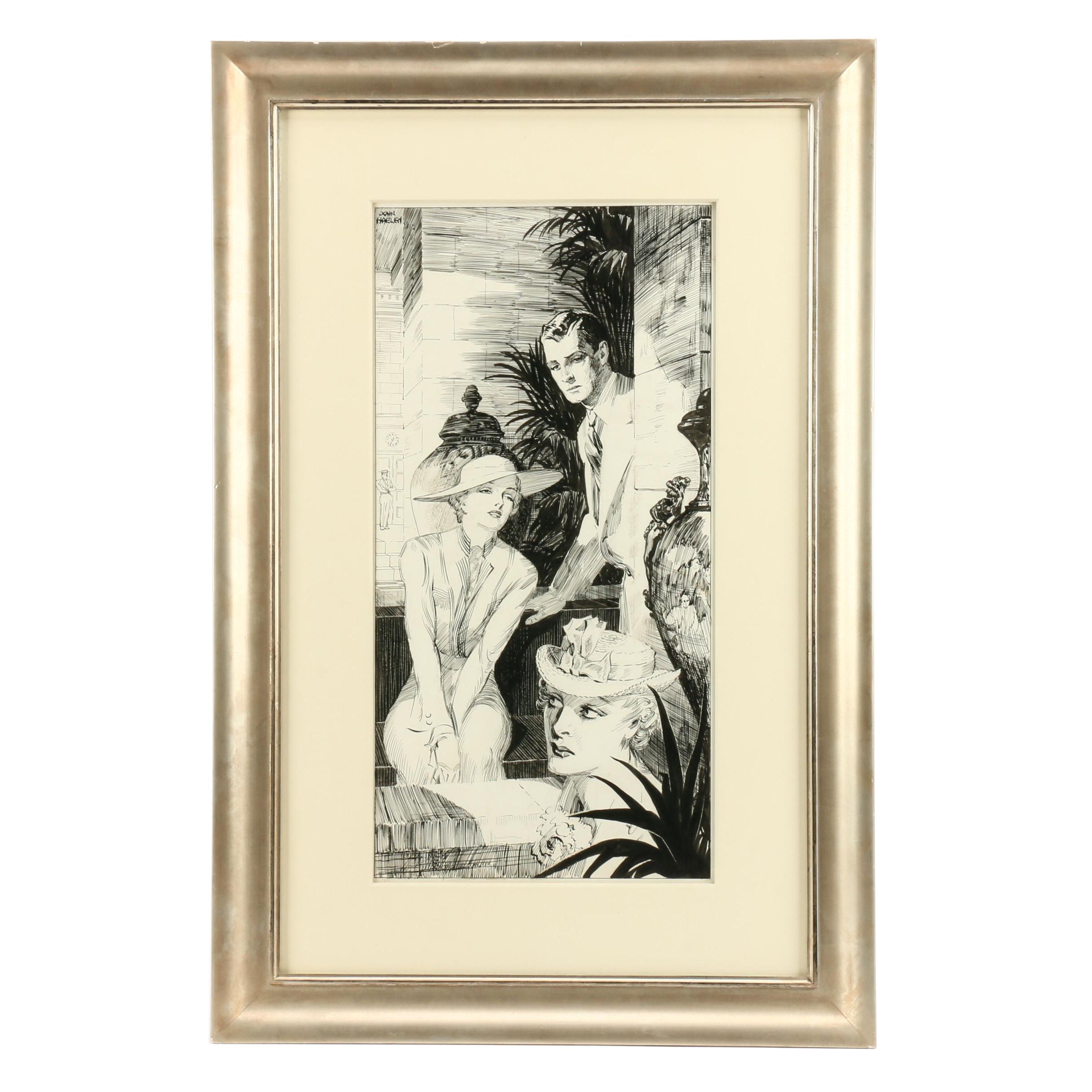 John Haelen Ink and Graphite Drawing of Narrative Scene