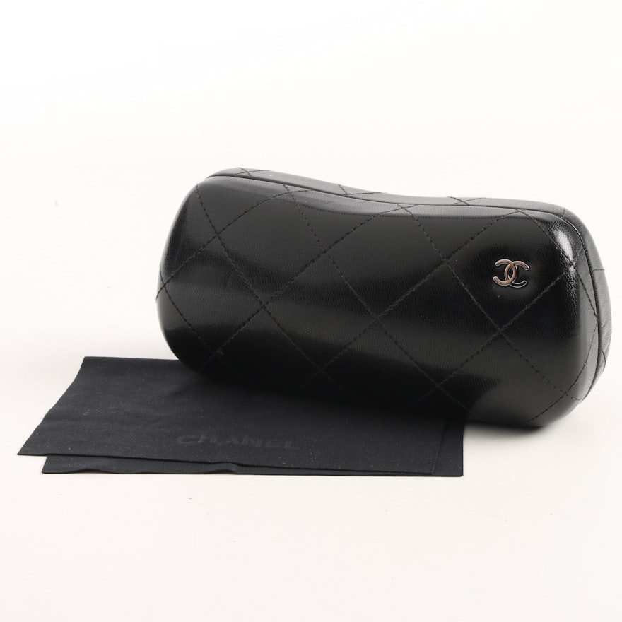 Chanel Quilted Black Leather Sunglasses Case and Cleaning Cloth