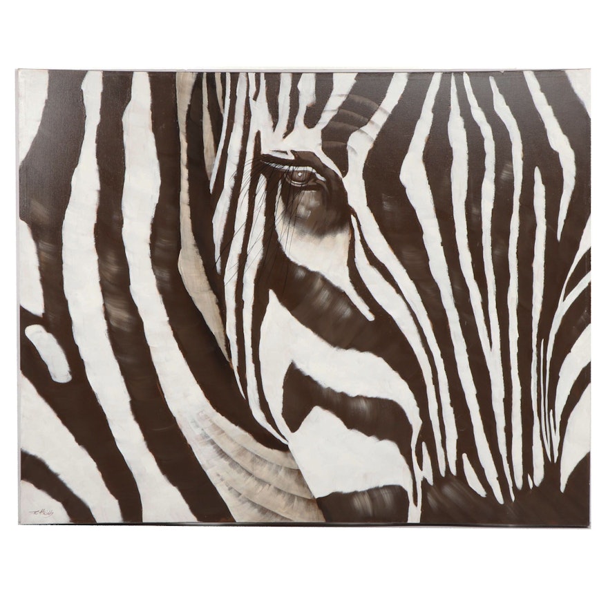 R. Atkins Large Scale Zebra Oil Painting