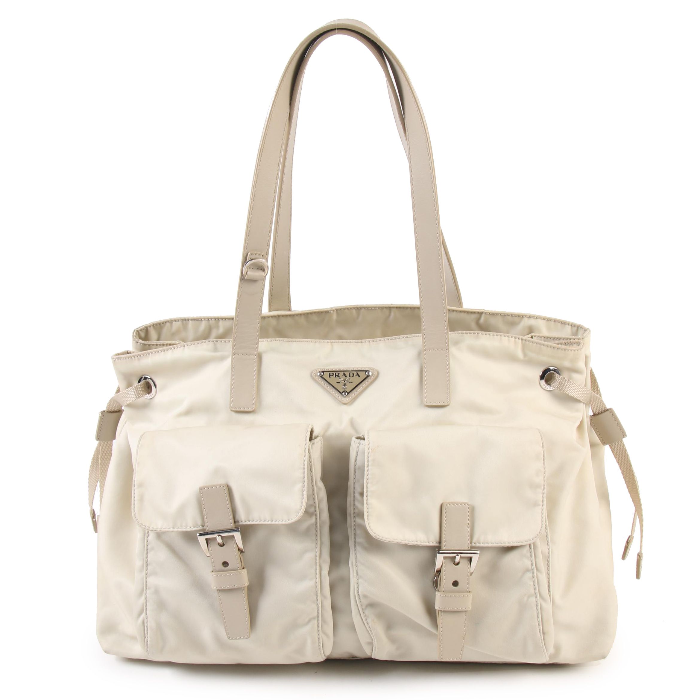 Prada Side-Cinch Two-Tone Shoulder Bag in Nylon and Leather