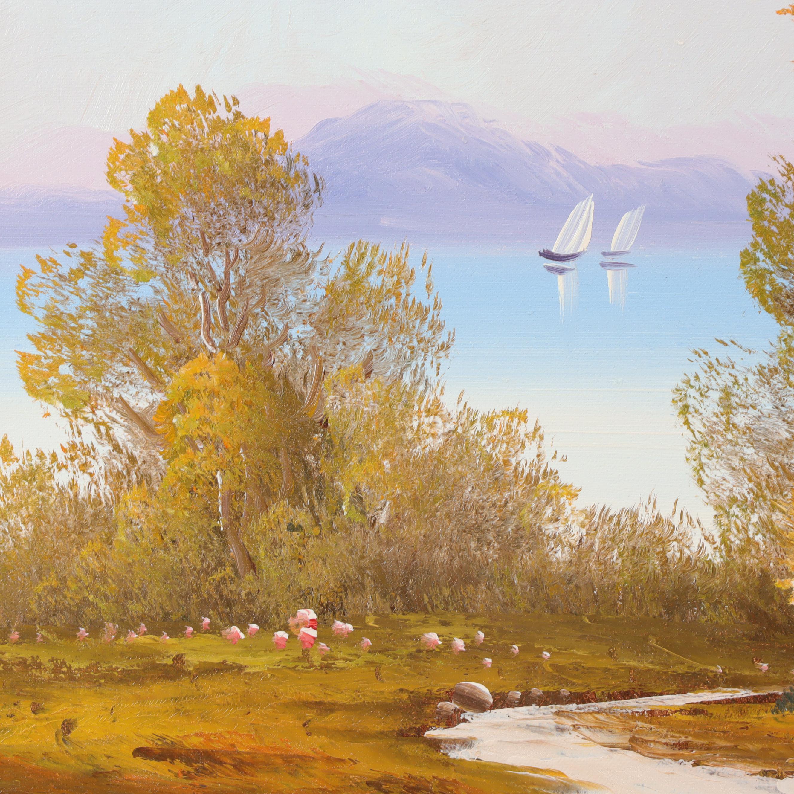 M. Bachmann Oil Painting of House at Lakeshore