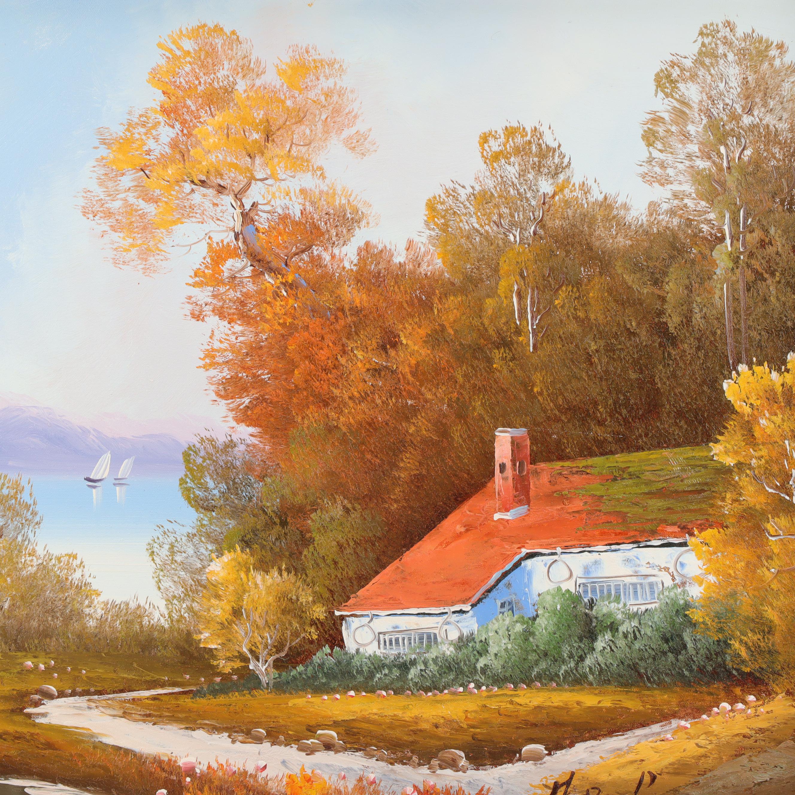 M. Bachmann Oil Painting of House at Lakeshore