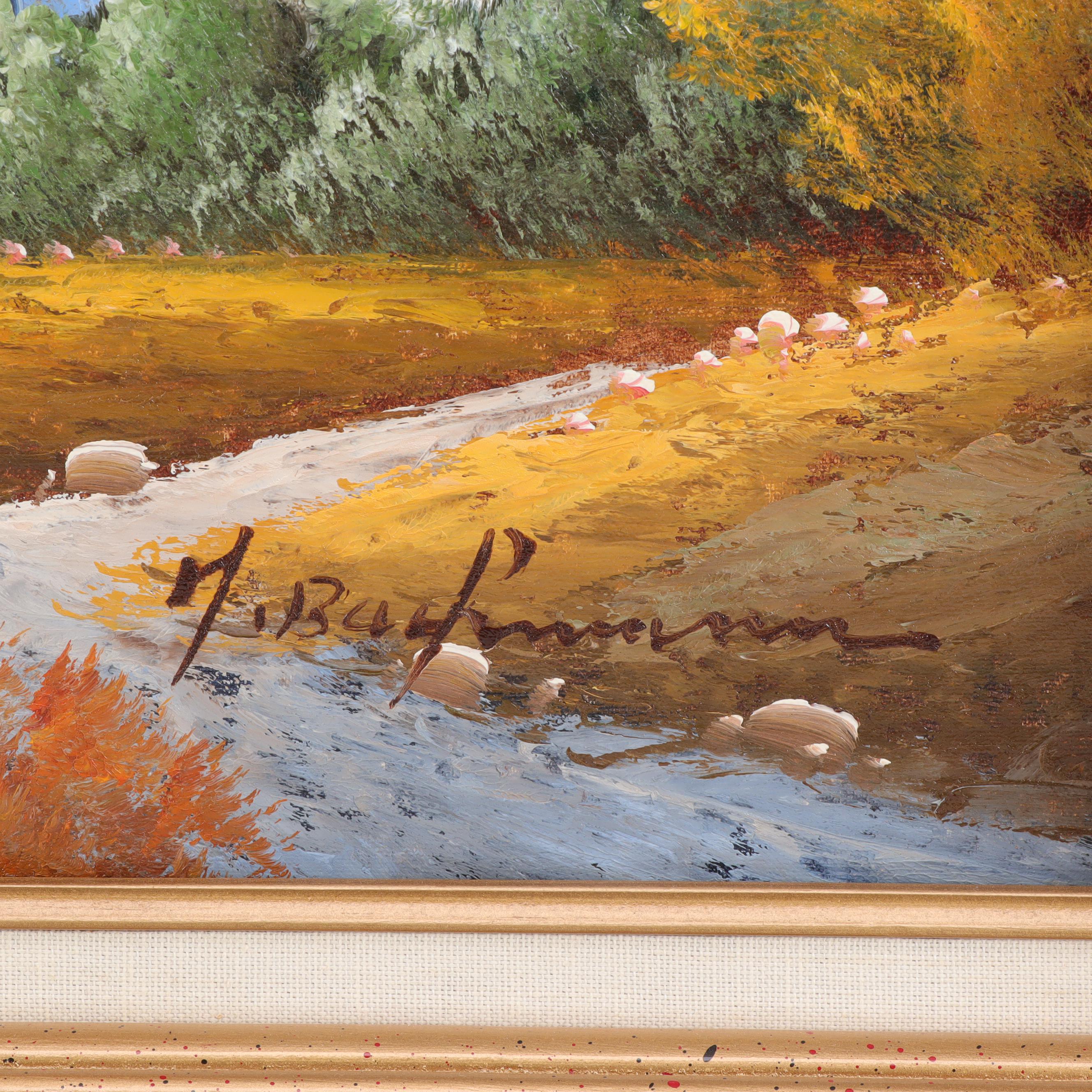 M. Bachmann Oil Painting of House at Lakeshore