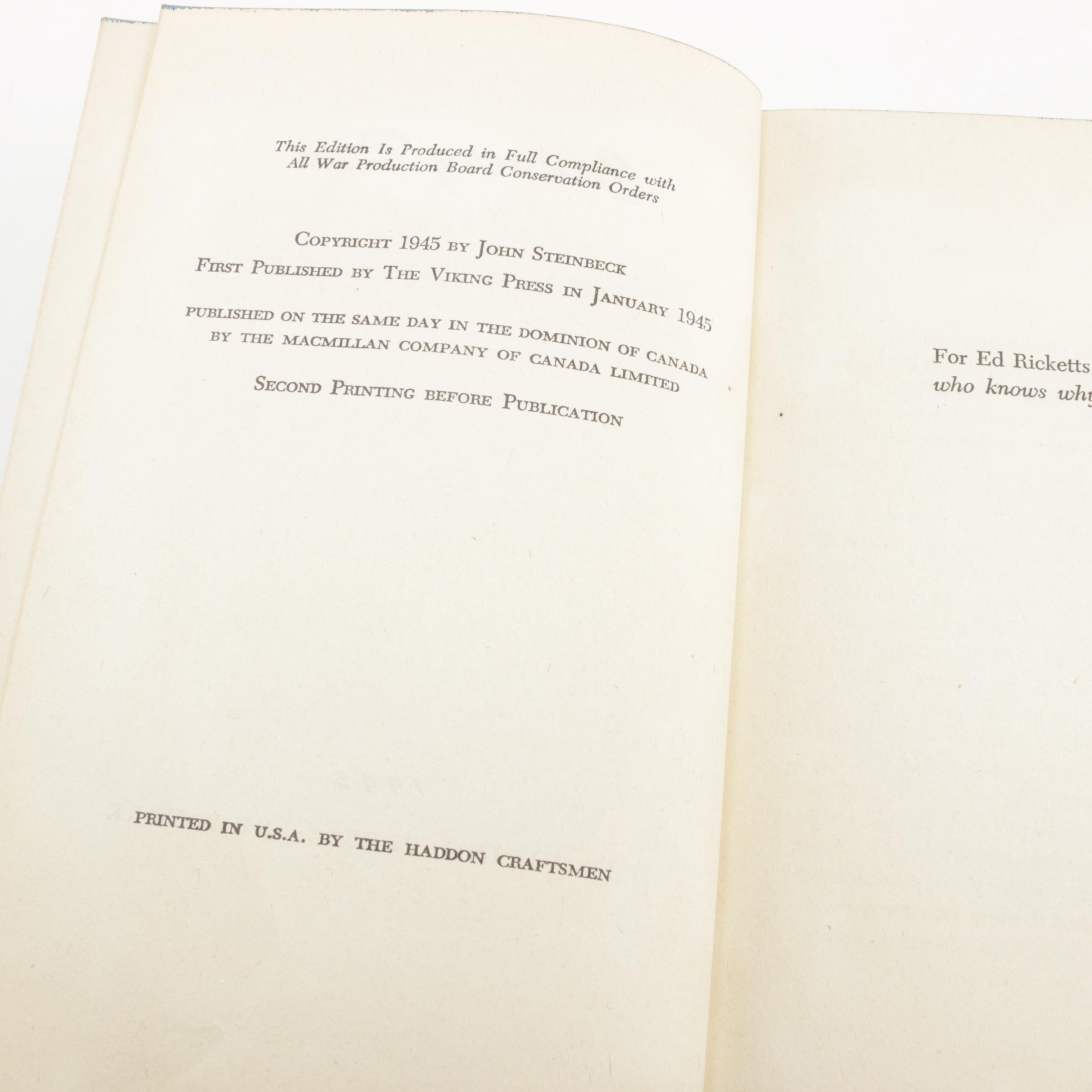 John Steinbeck's "Cannery Row", Second Printing and Book Club Edition