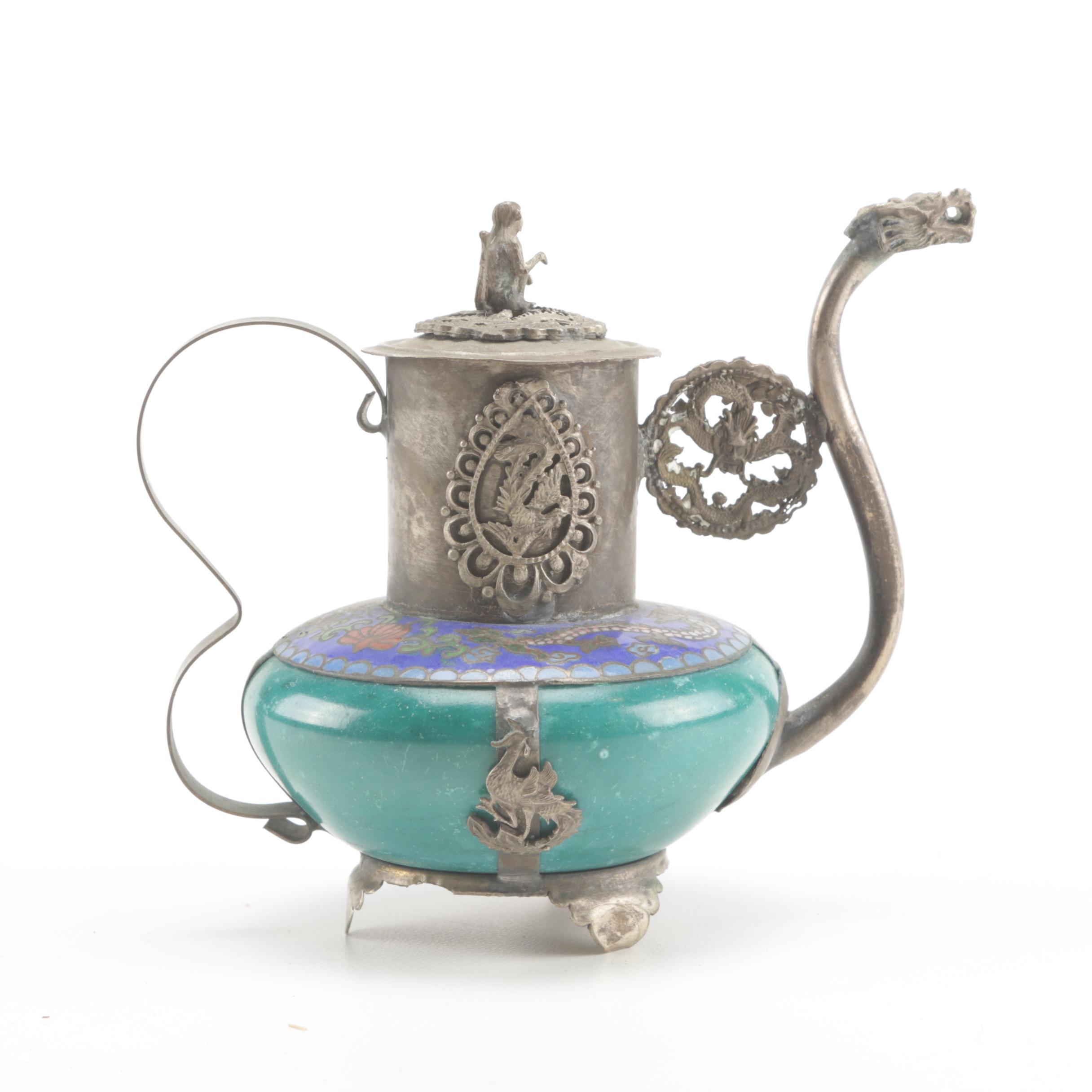 Sino-Tibetan Metal and Cloisonné Monkey Lid Teapot