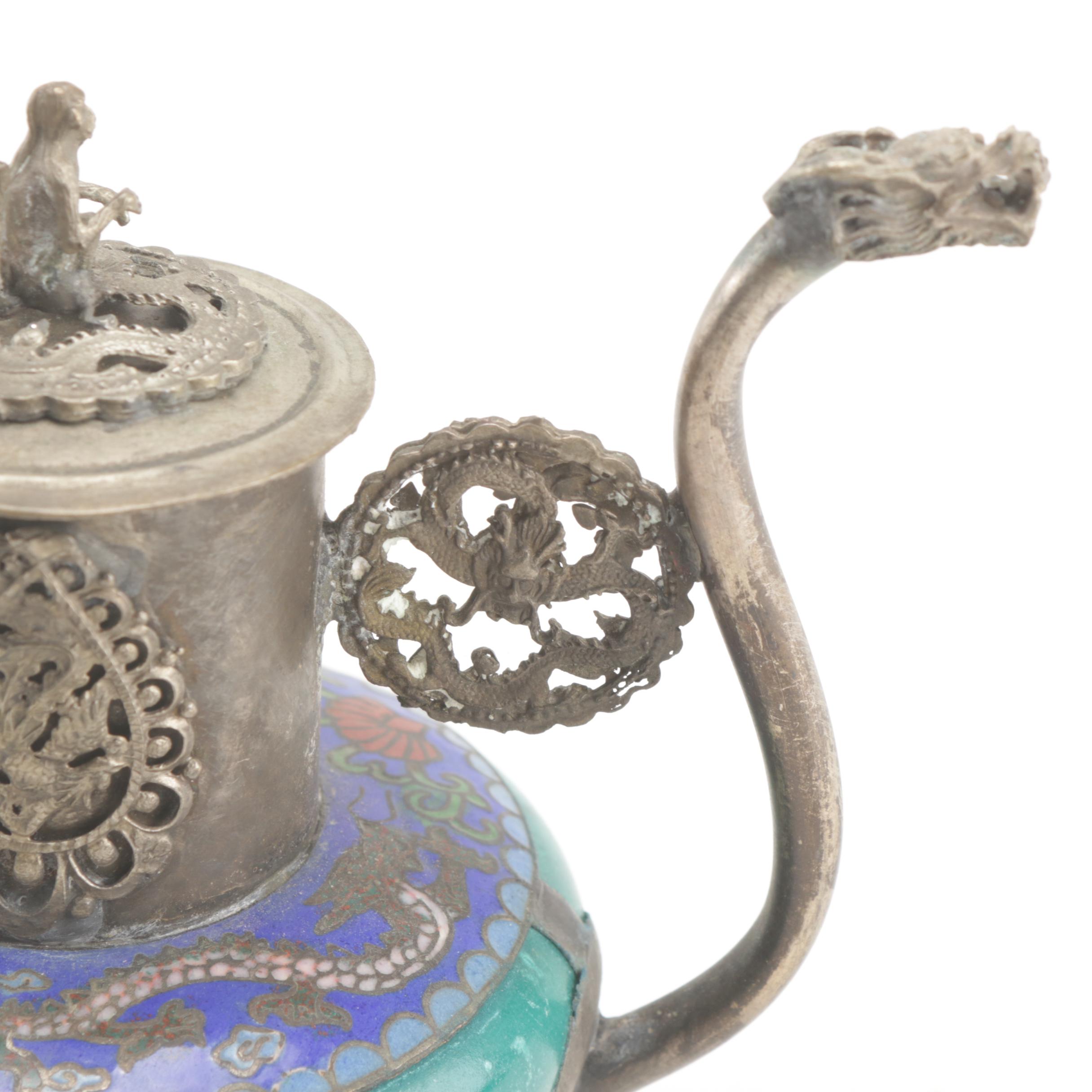 Sino-Tibetan Metal and Cloisonné Monkey Lid Teapot