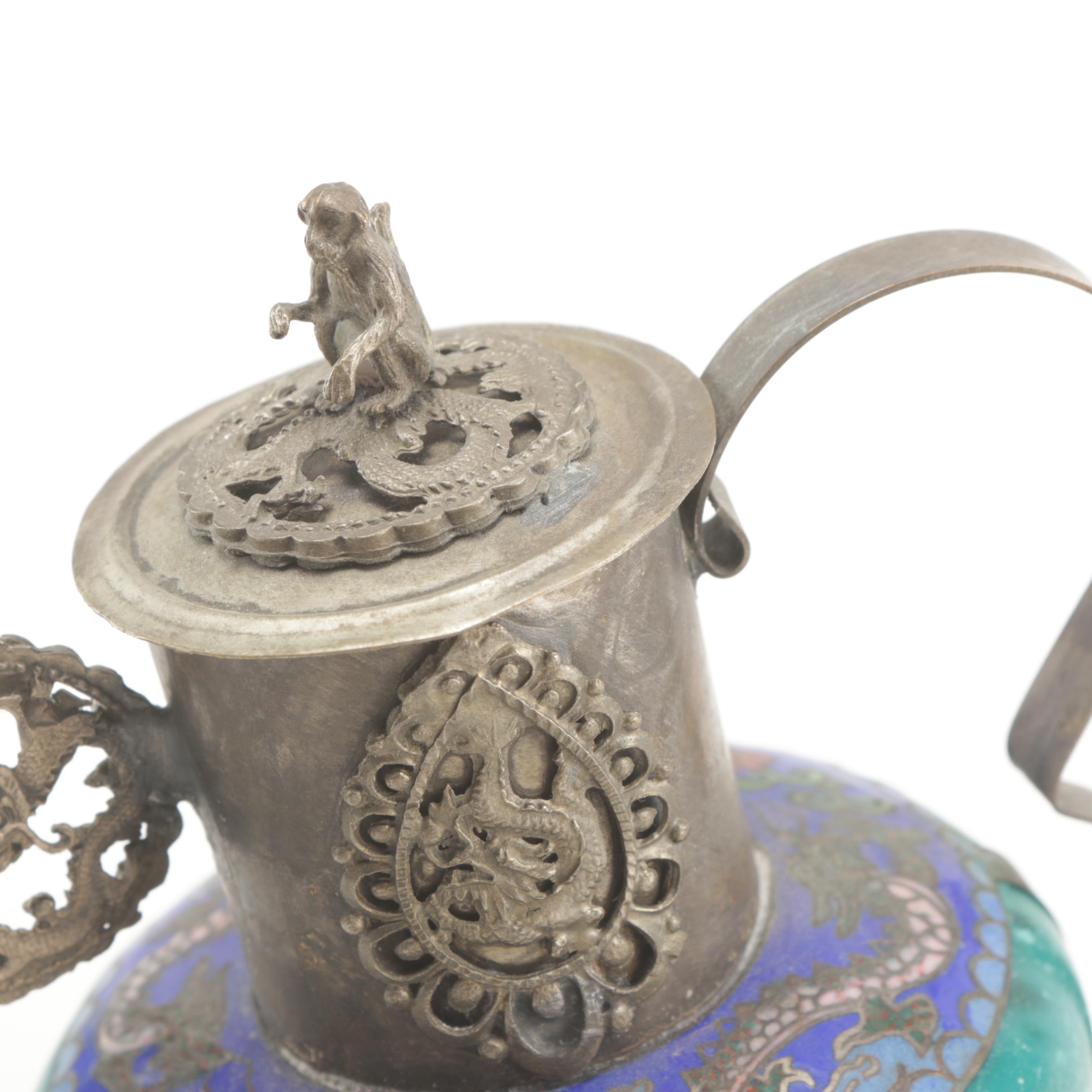 Sino-Tibetan Metal and Cloisonné Monkey Lid Teapot