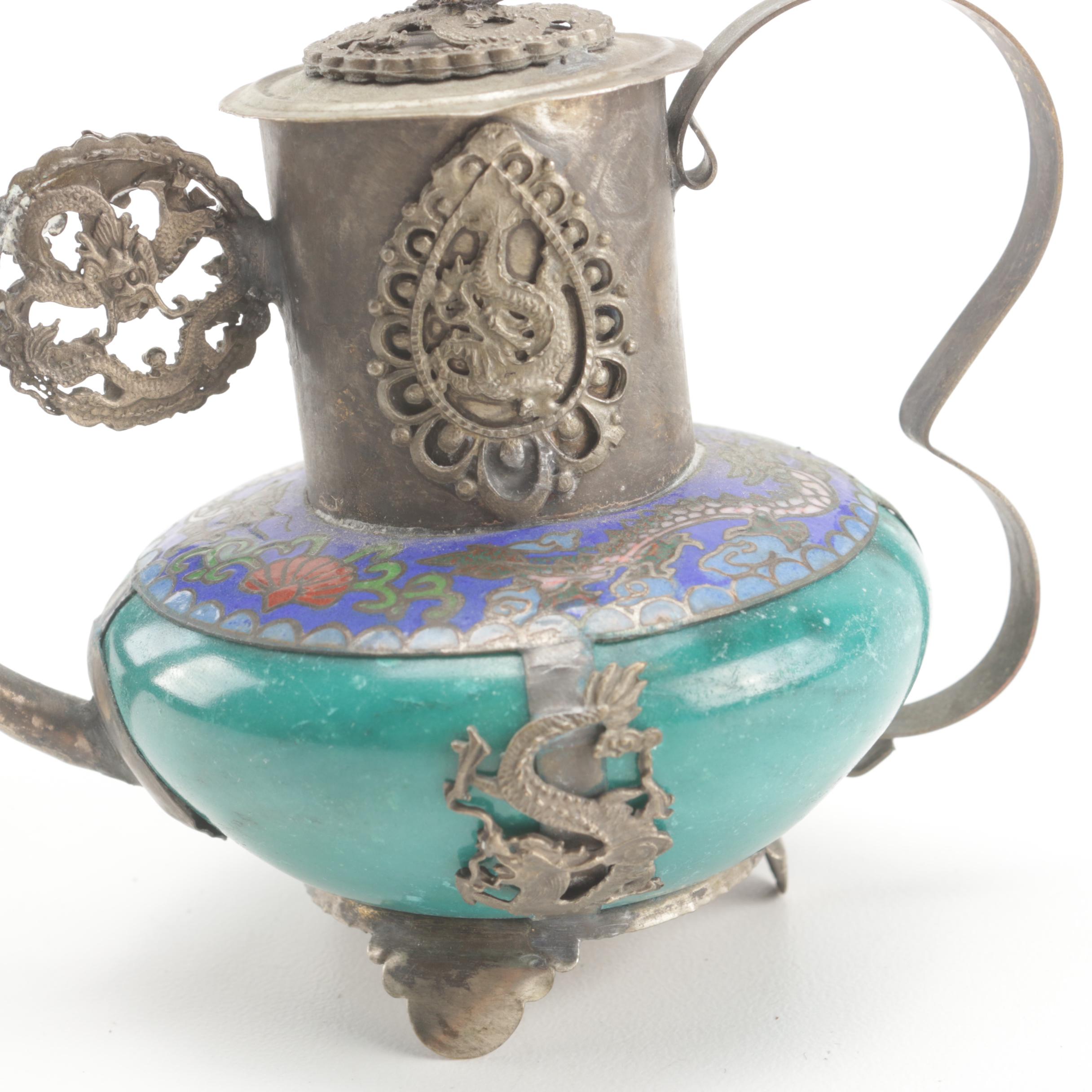 Sino-Tibetan Metal and Cloisonné Monkey Lid Teapot