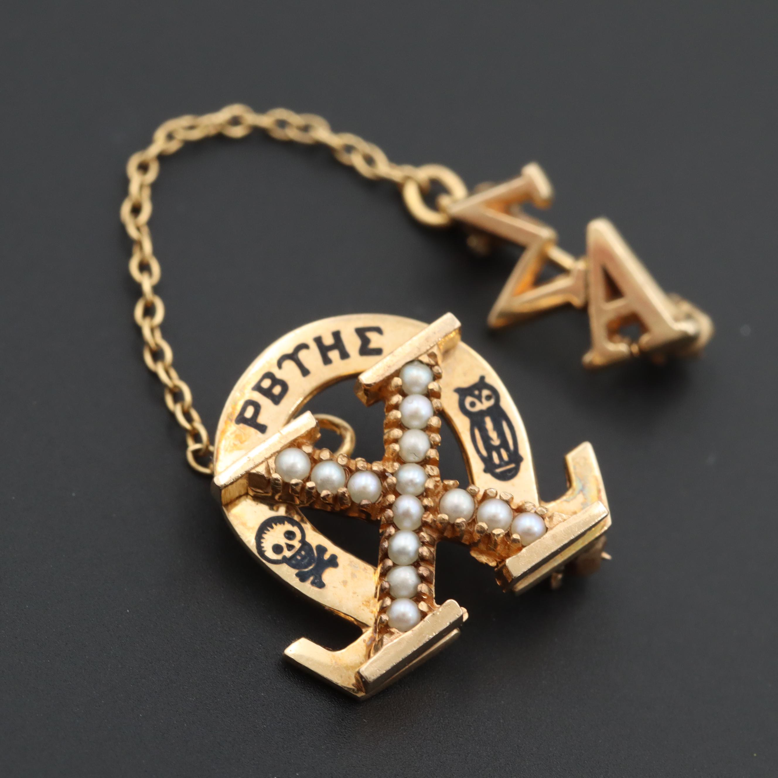 Vintage 10K Yellow Gold Chi Omega Sorority Badge with Cultured Pearls and Enamel