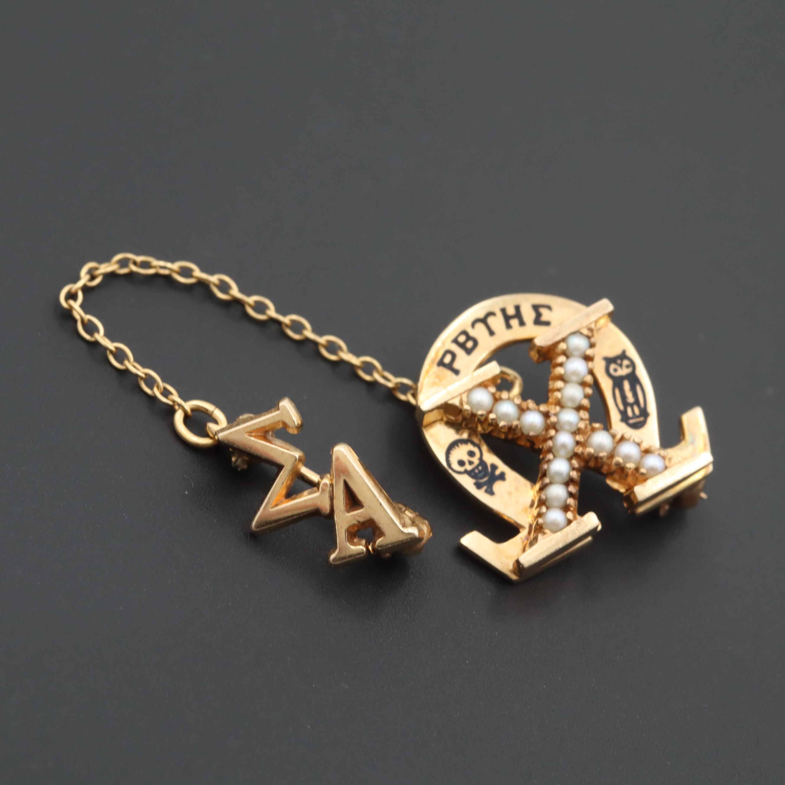 Vintage 10K Yellow Gold Chi Omega Sorority Badge with Cultured Pearls and Enamel